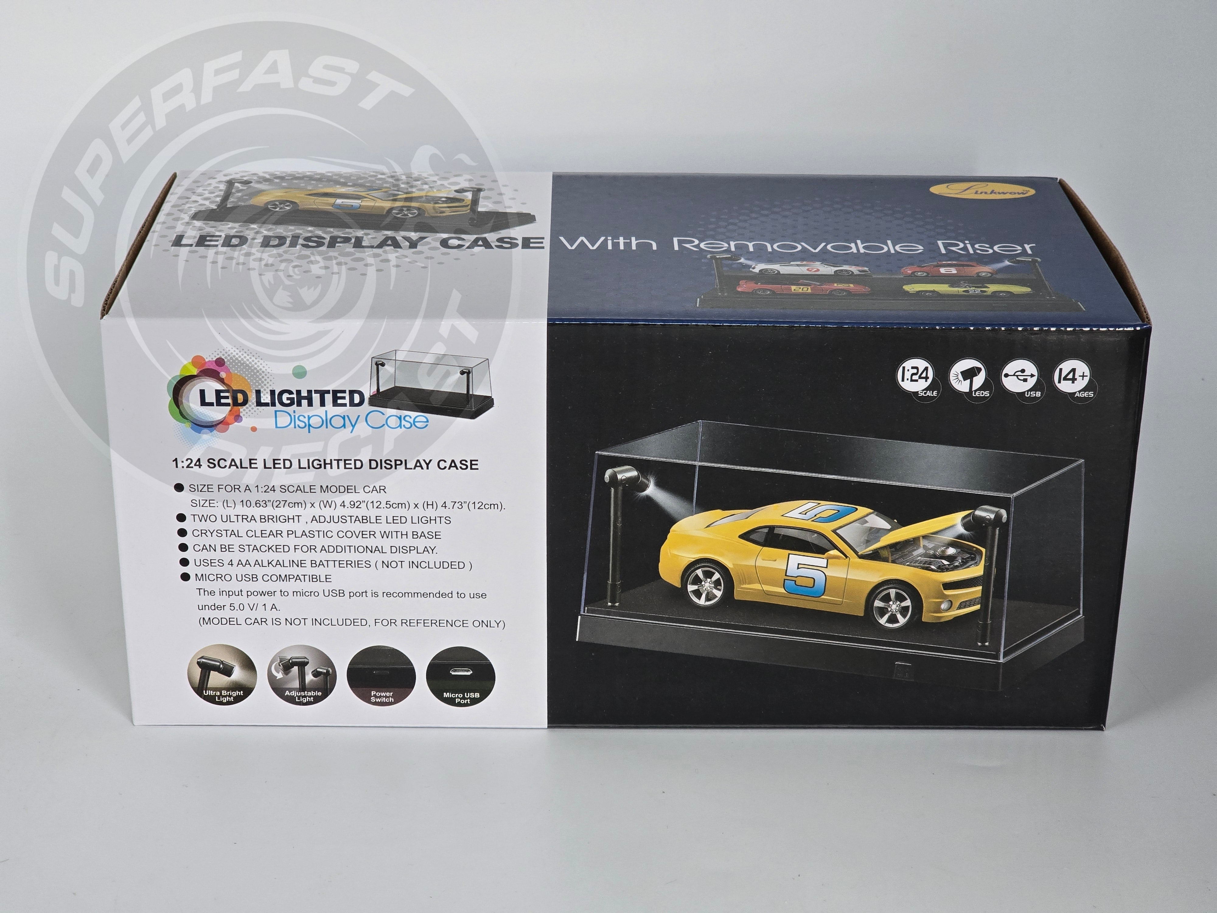 Triple 9 - 1:24, 1:43, 1:64 LED DISPLAY CASE, 2 ADJUSTABLE LIGHTS 27 X 12.5 X 12CM WITH BLACK BASE - T9-439905BK