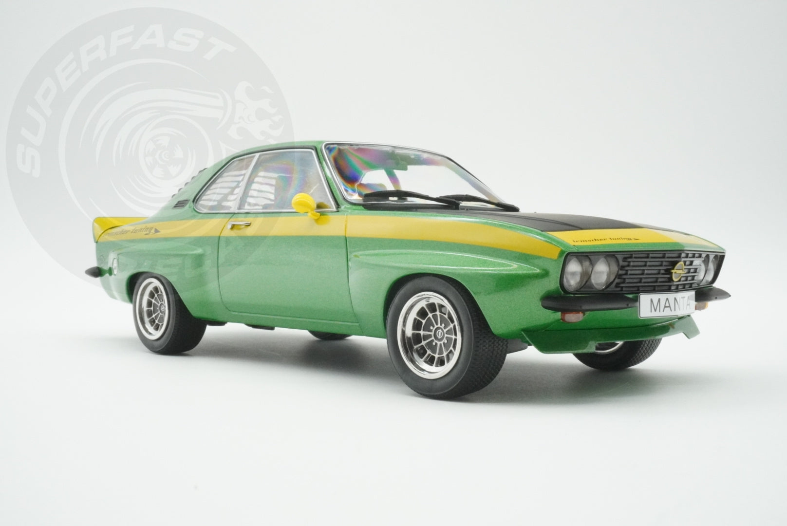 MCG 1:18 Scale Diecast - 1974 Opel Manta A Irmscher, Green/Yellow - MCG18425