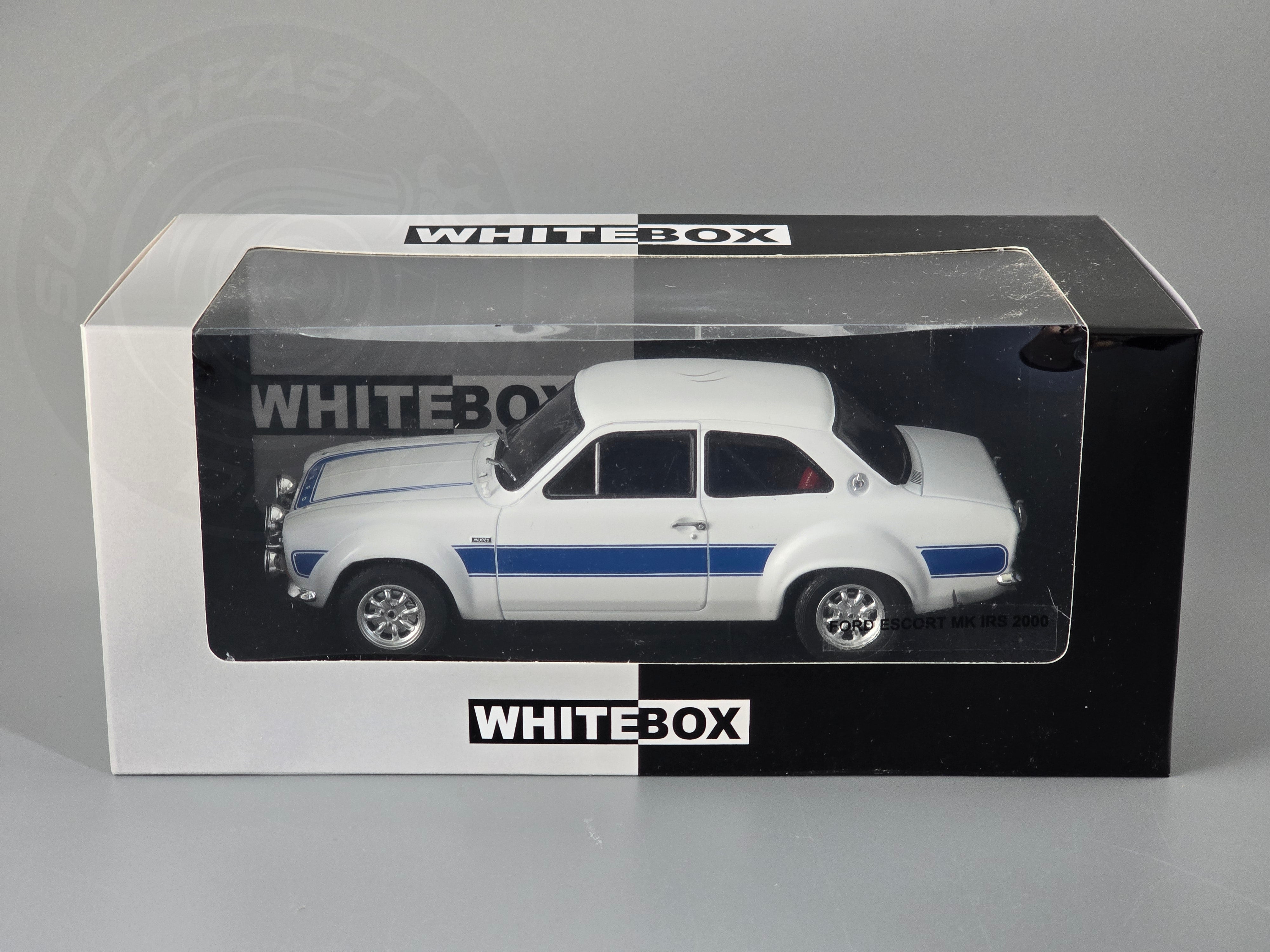 Whitebox 1:24 Scale Diecast - 1973 Ford Escort Mk1 RS Mexico, White/Blue - WB124250