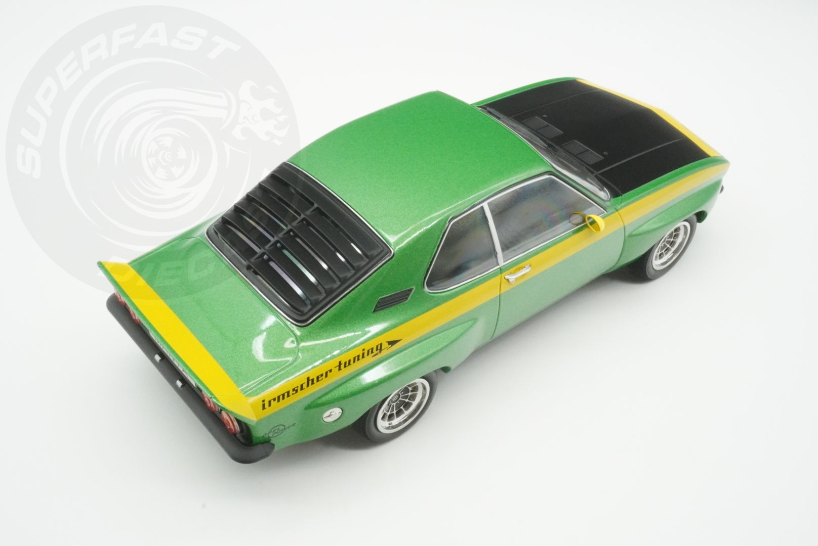 MCG 1:18 Scale Diecast - 1974 Opel Manta A Irmscher, Green/Yellow - MCG18425