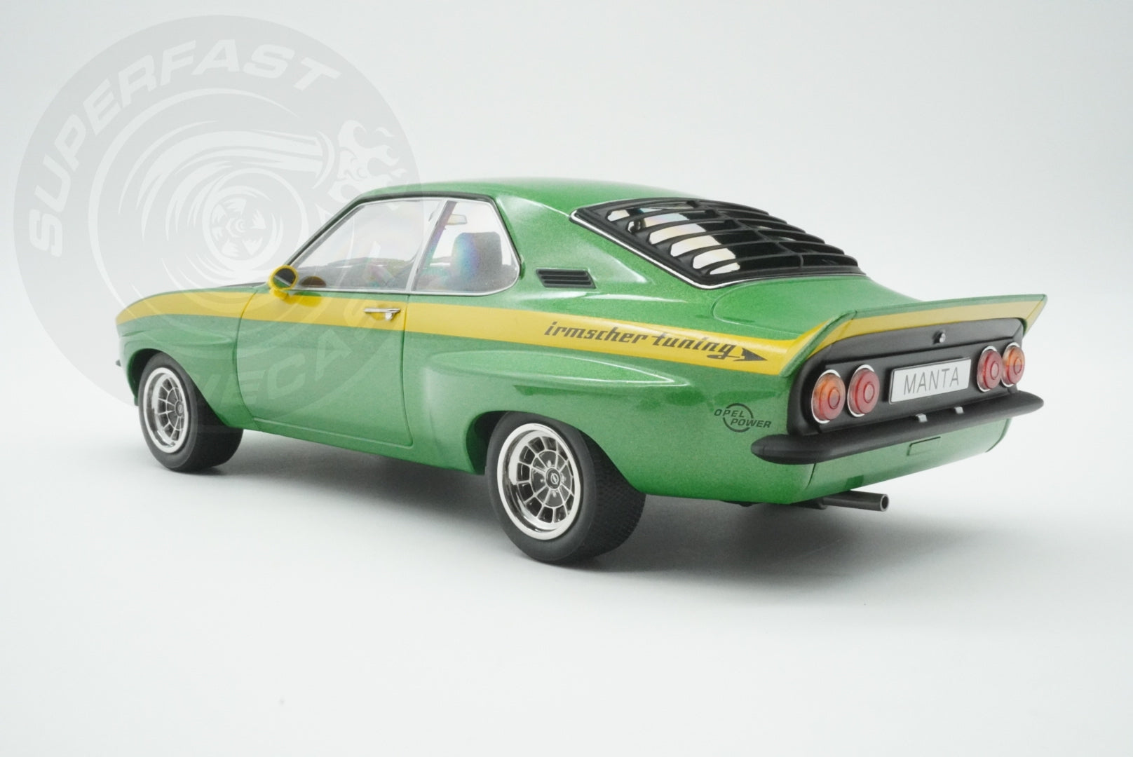 MCG 1:18 Scale Diecast - 1974 Opel Manta A Irmscher, Green/Yellow - MCG18425