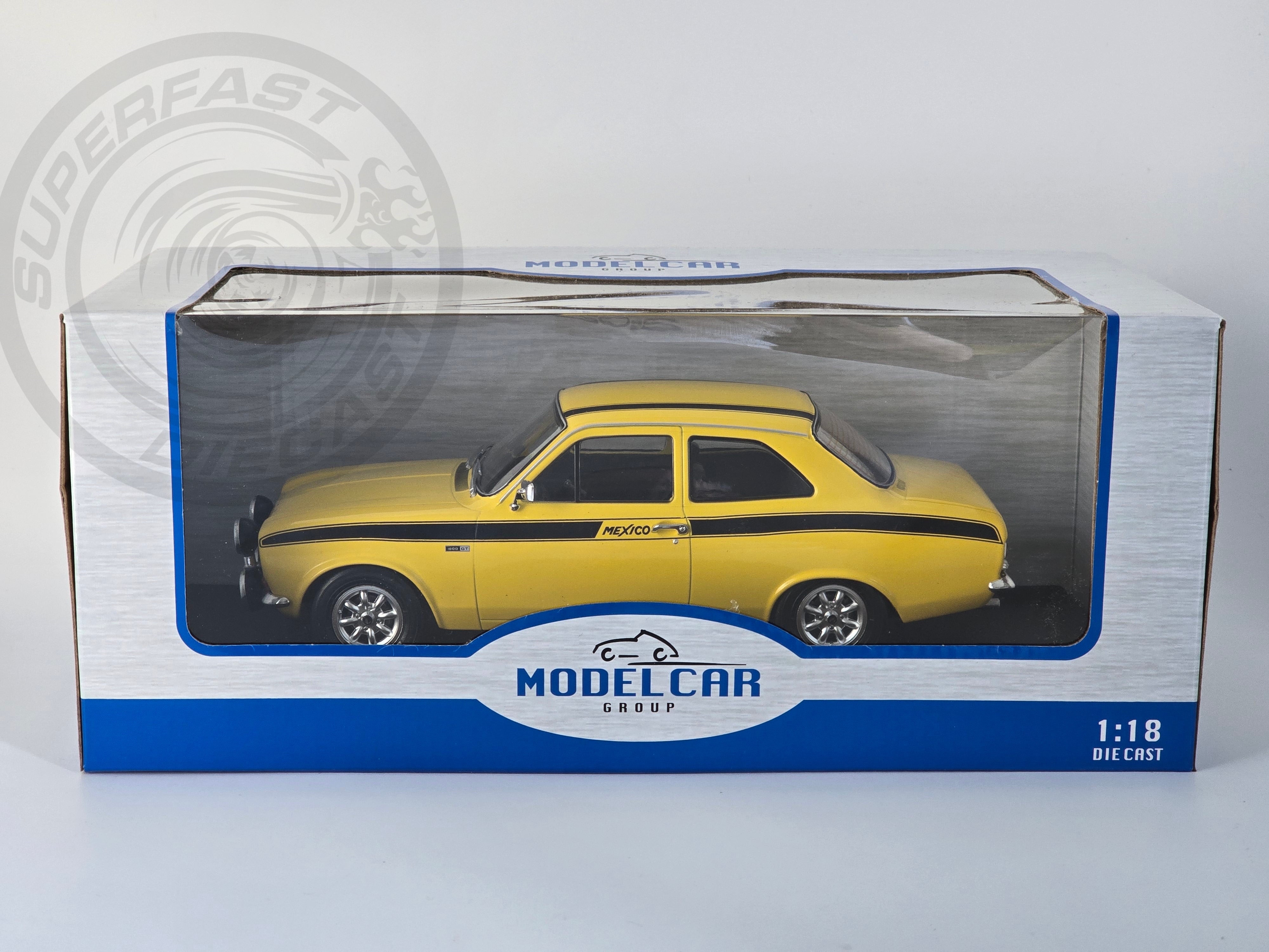 MCG 1:18 Scale Diecast Model Car - 1973 Ford Escort Mk1 Mexico in Yellow