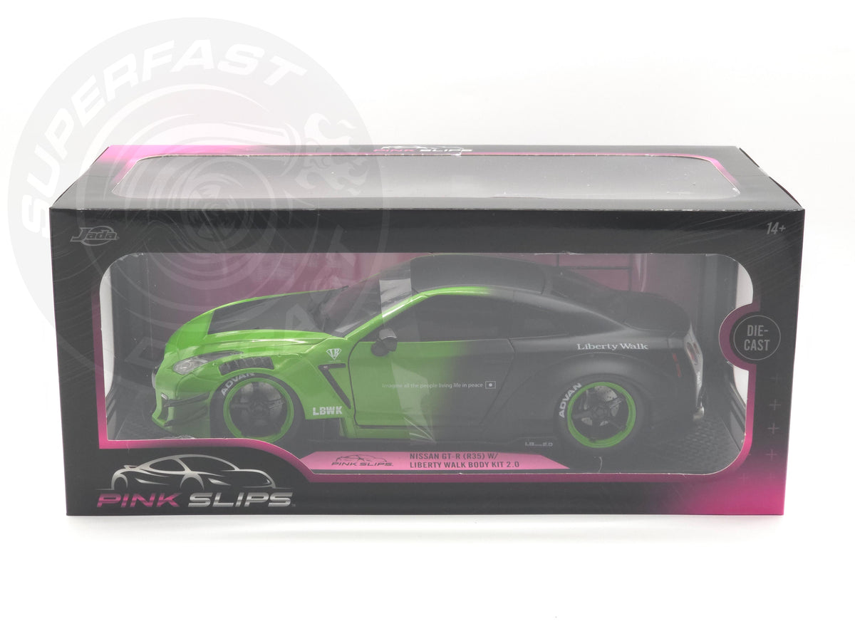 Jada 1:18 Scale Diecast - Pink Slips - Nissan GT-R (R35) with Liberty Walk Body Kit 2.0, Green/Black - 35724