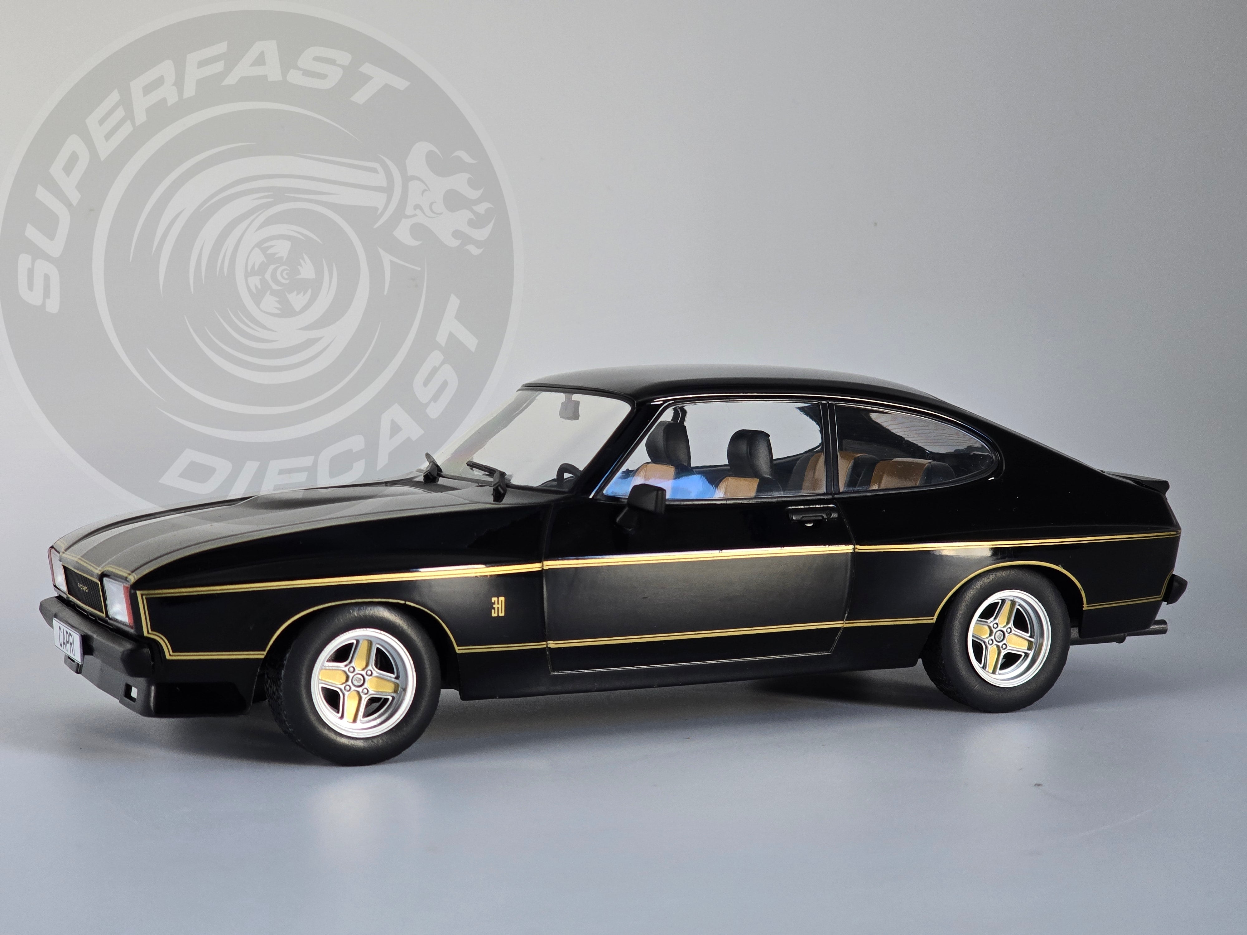 MCG 1:18 Scale Diecast 1975 Ford Capri MK2 X-Pack, Black (JPS) - MCG18348
