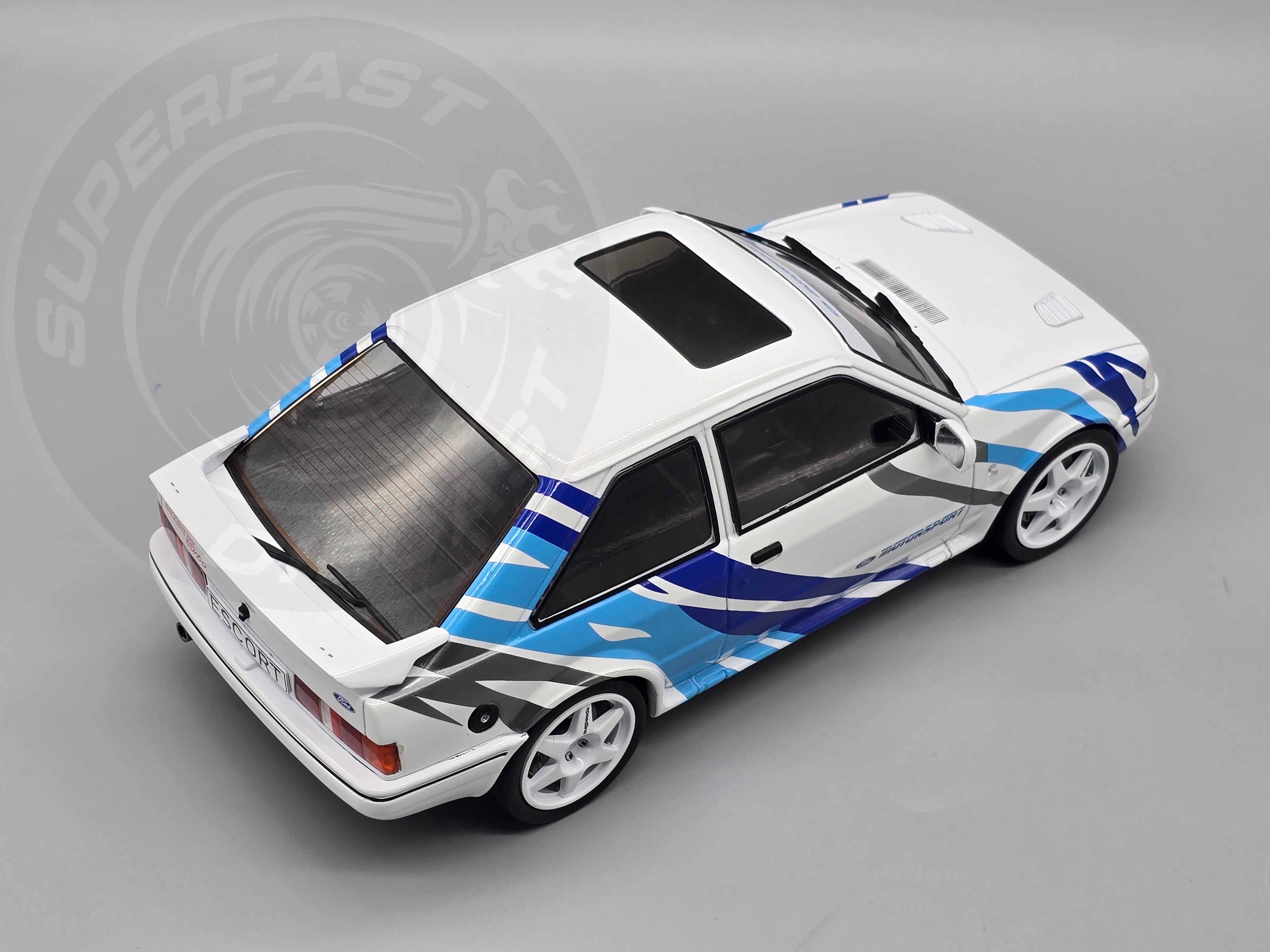 MCG 1:18 1990 Ford Escort Mk4 RS Turbo (Series 2) - White/Blue Tiger Stripes - MCG18547