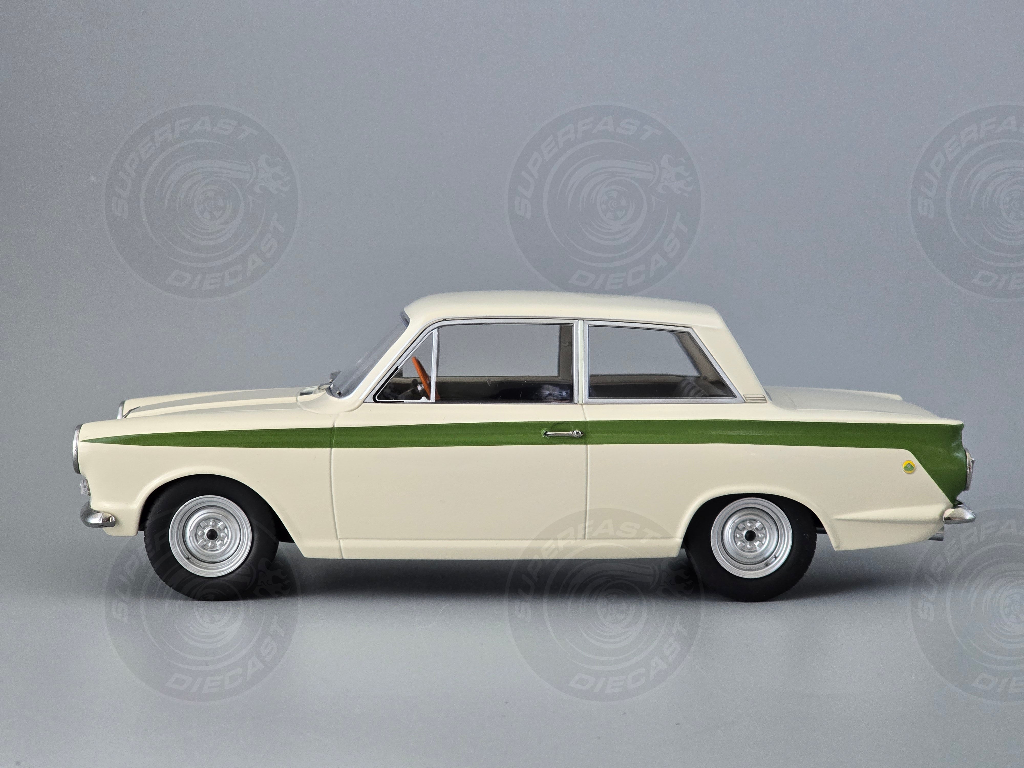 MCG 1:18 Scale Diecast - 1965 Ford Lotus Cortina Mk1 in White/Green (RHD) - MCG18434