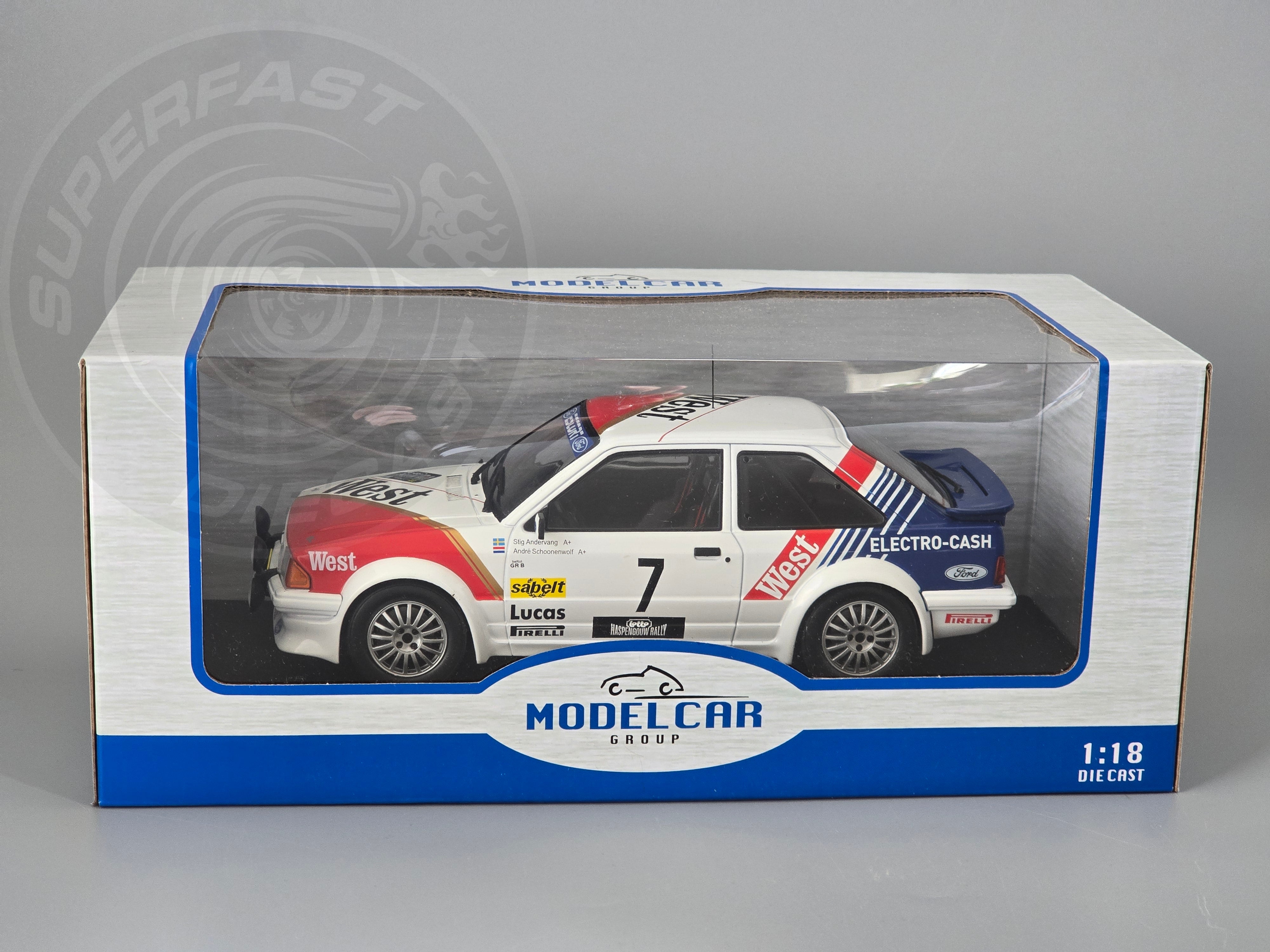 MCG 1:18 Scale Diecast - 1985 Ford Escort Mk3 RS Turbo (S1), No.7, Haspengouw Rally, S.Andervang/A.Schoonenwolf, 1985 - MCG18841