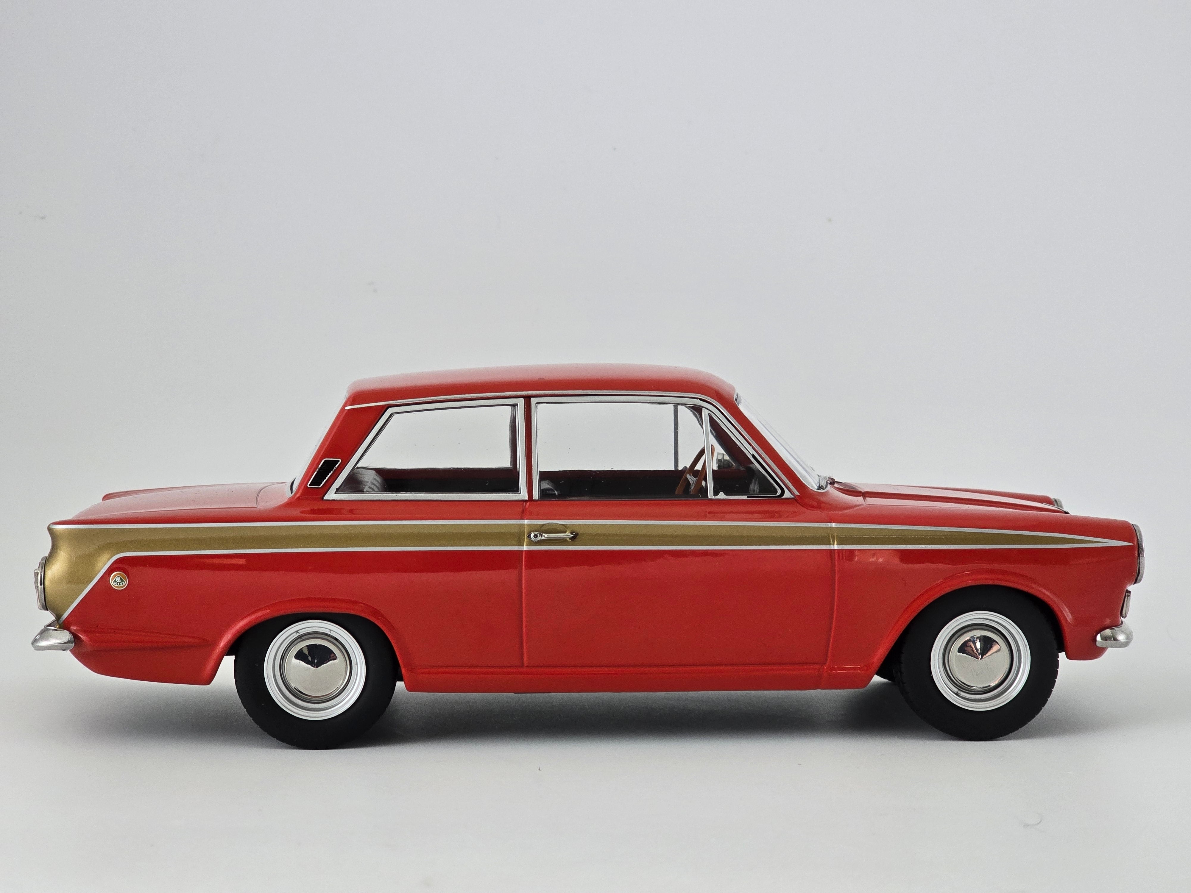 MCG 1:18 Scale Diecast - 1965 Ford Lotus Cortina Mk1 in Red/Gold (LHD) - MCG18532