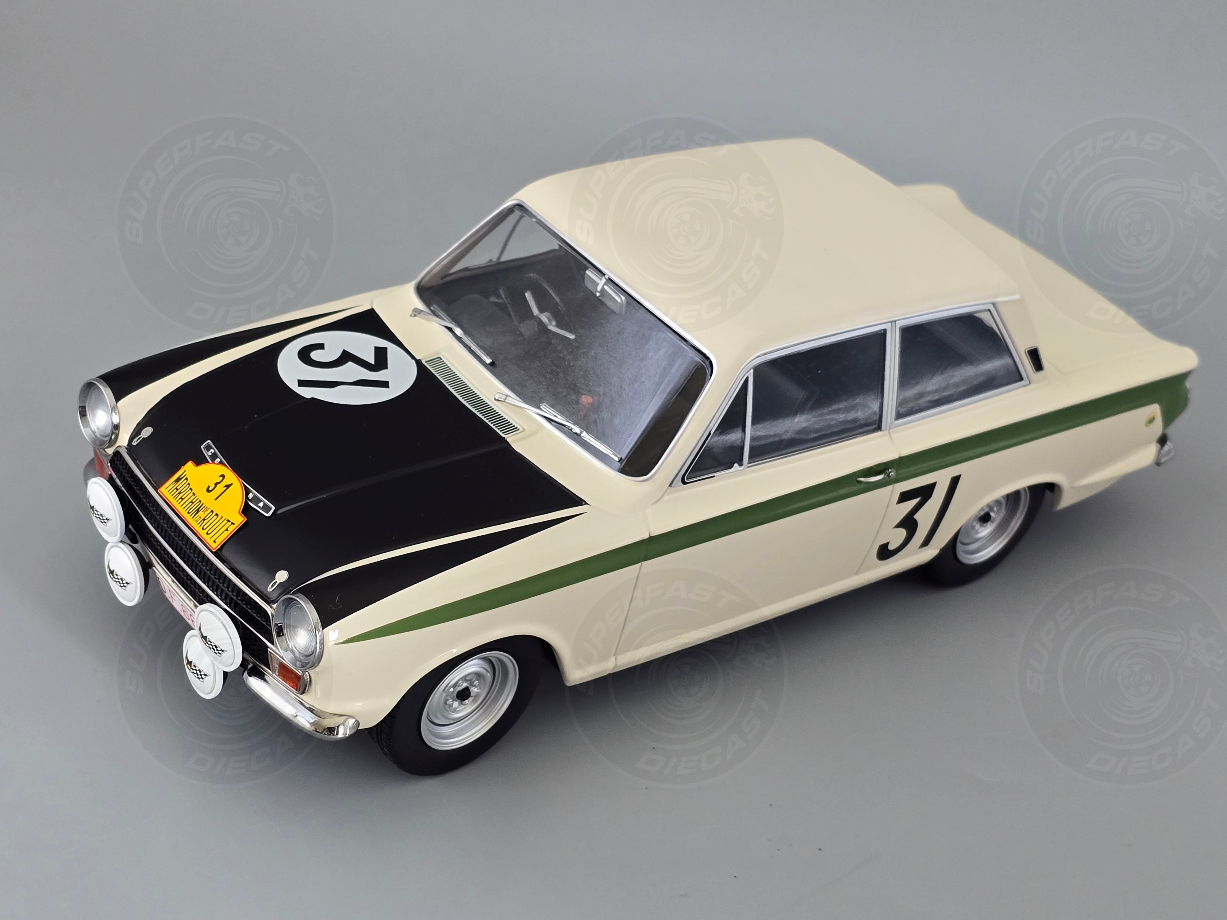 MCG 1:18 Scale Diecast - 1966 Ford Lotus Cortina Mk1 #31 Marathon de la Route J.Ickx/G.Staepelaere - MCG18436