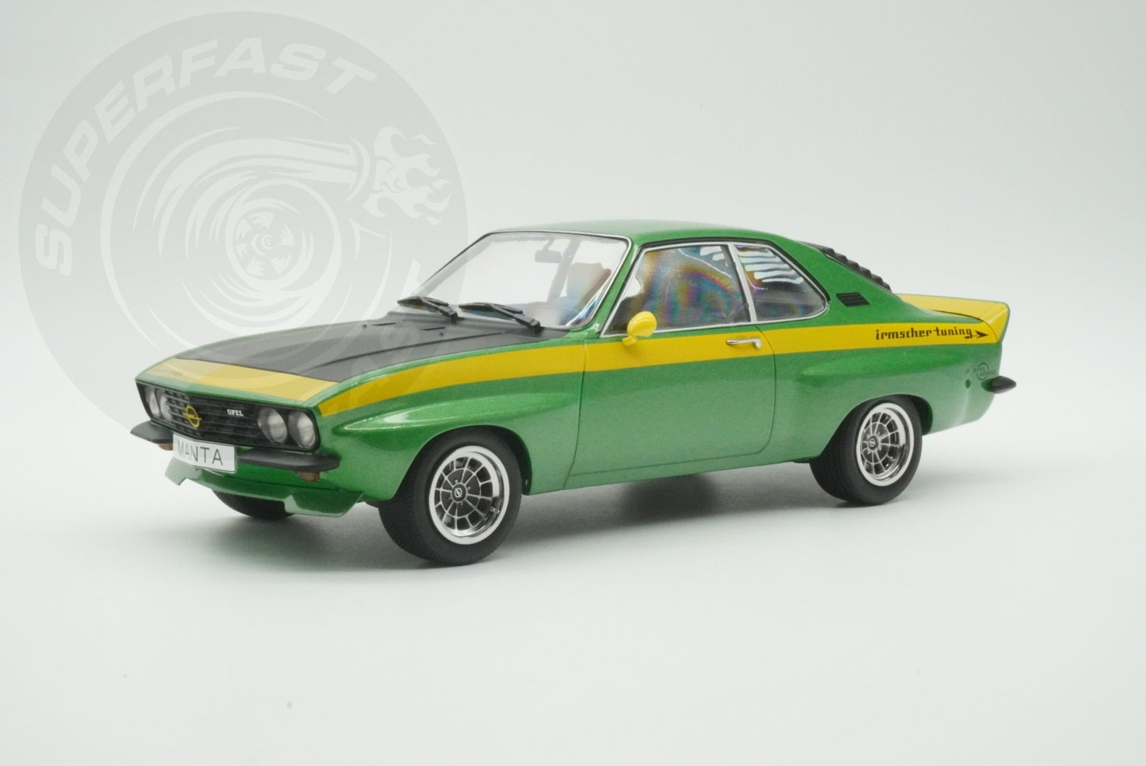 MCG 1:18 Scale Diecast - 1974 Opel Manta A Irmscher, Green/Yellow - MCG18425