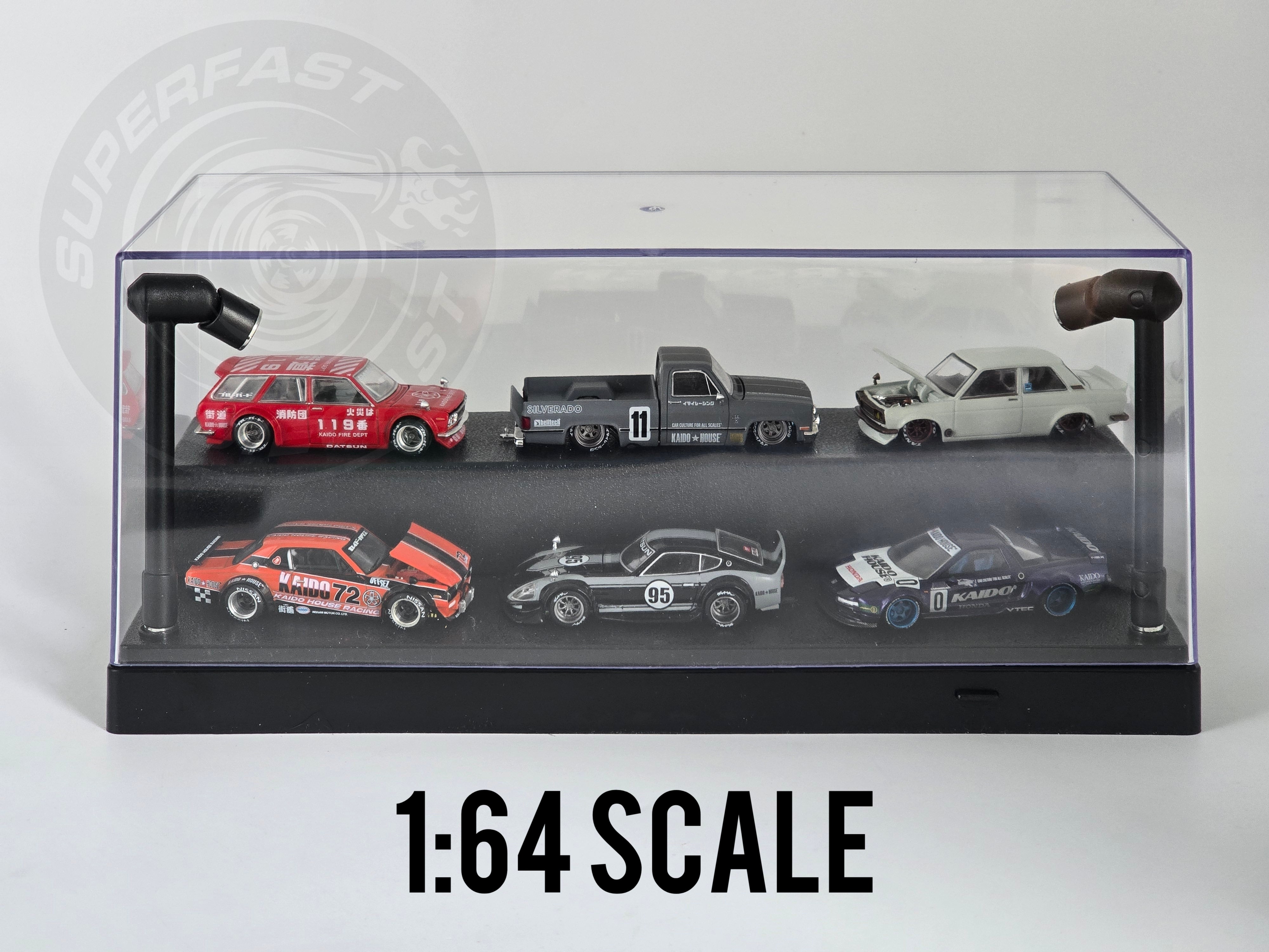 Triple 9 - 1:24, 1:43, 1:64 LED DISPLAY CASE, 2 ADJUSTABLE LIGHTS 27 X 12.5 X 12CM WITH BLACK BASE - T9-439905BK