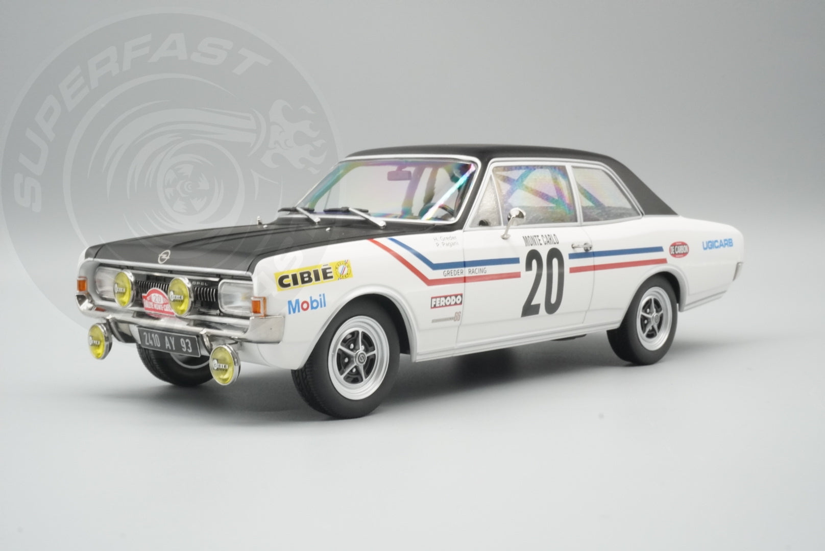 MCG 1:18 Scale Diecast - Opel Commodore Rally WM, Rally Monte Carlo, 1971, #20, H.Greder/P.Pagani, White/Black - MCG18561