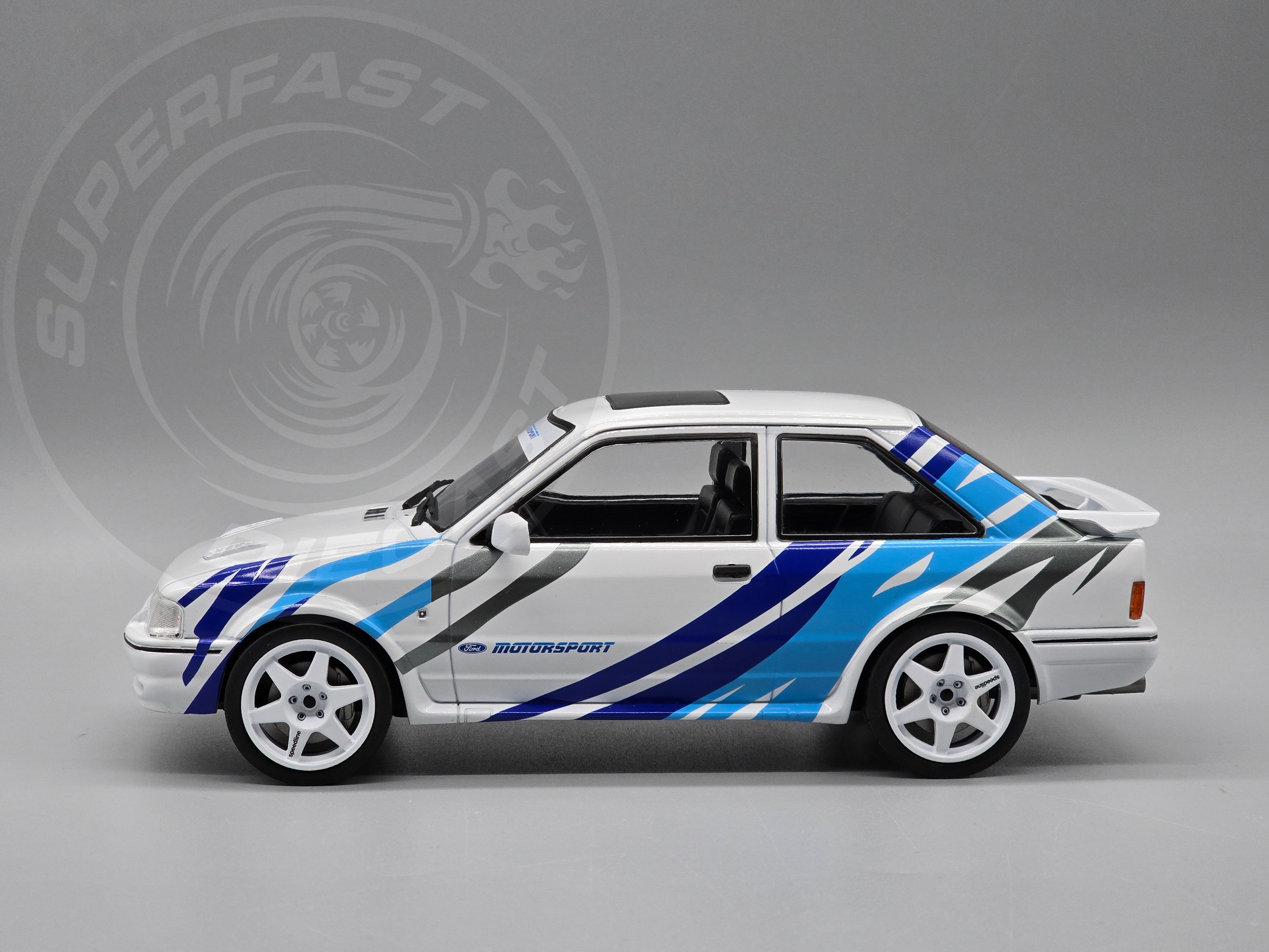 MCG 1:18 1990 Ford Escort Mk4 RS Turbo (Series 2) - White/Blue Tiger Stripes - MCG18547