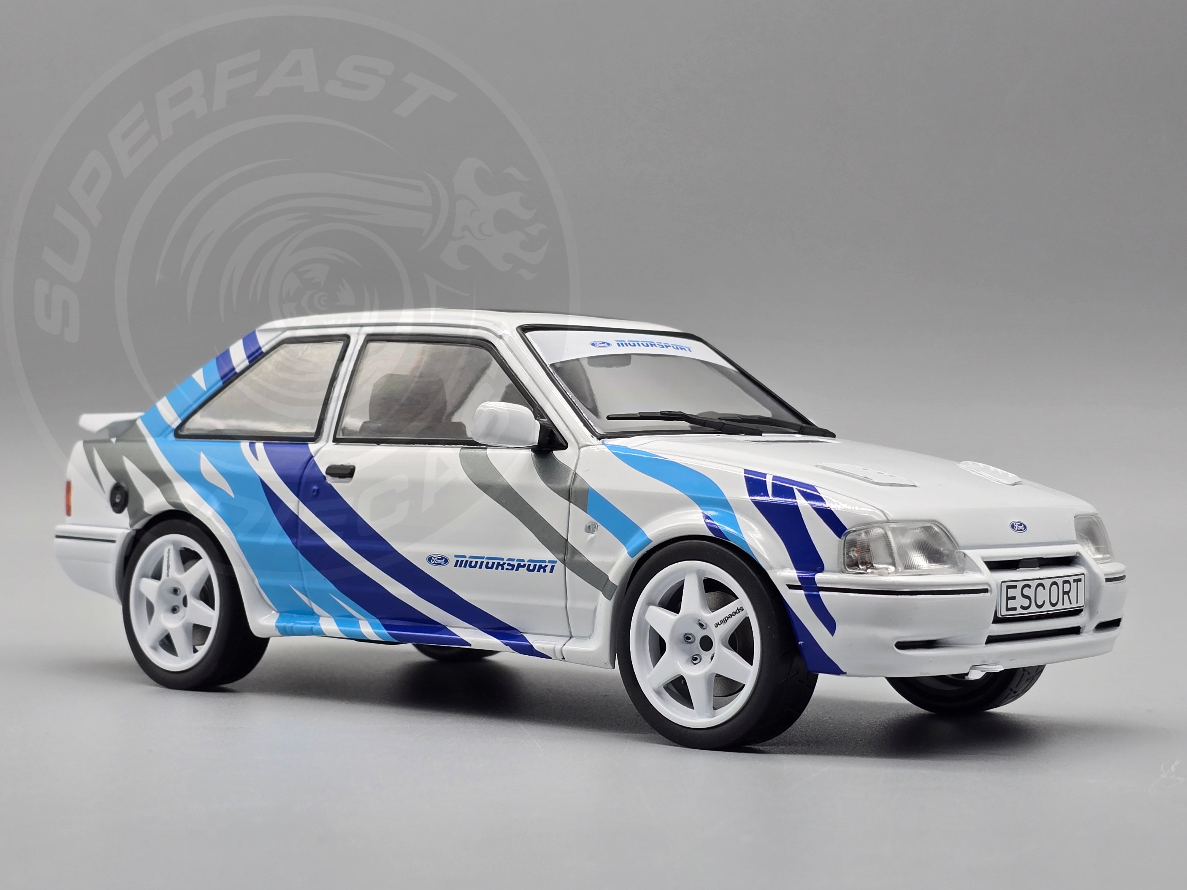 MCG 1:18 1990 Ford Escort Mk4 RS Turbo (Series 2) - White/Blue Tiger Stripes - MCG18547