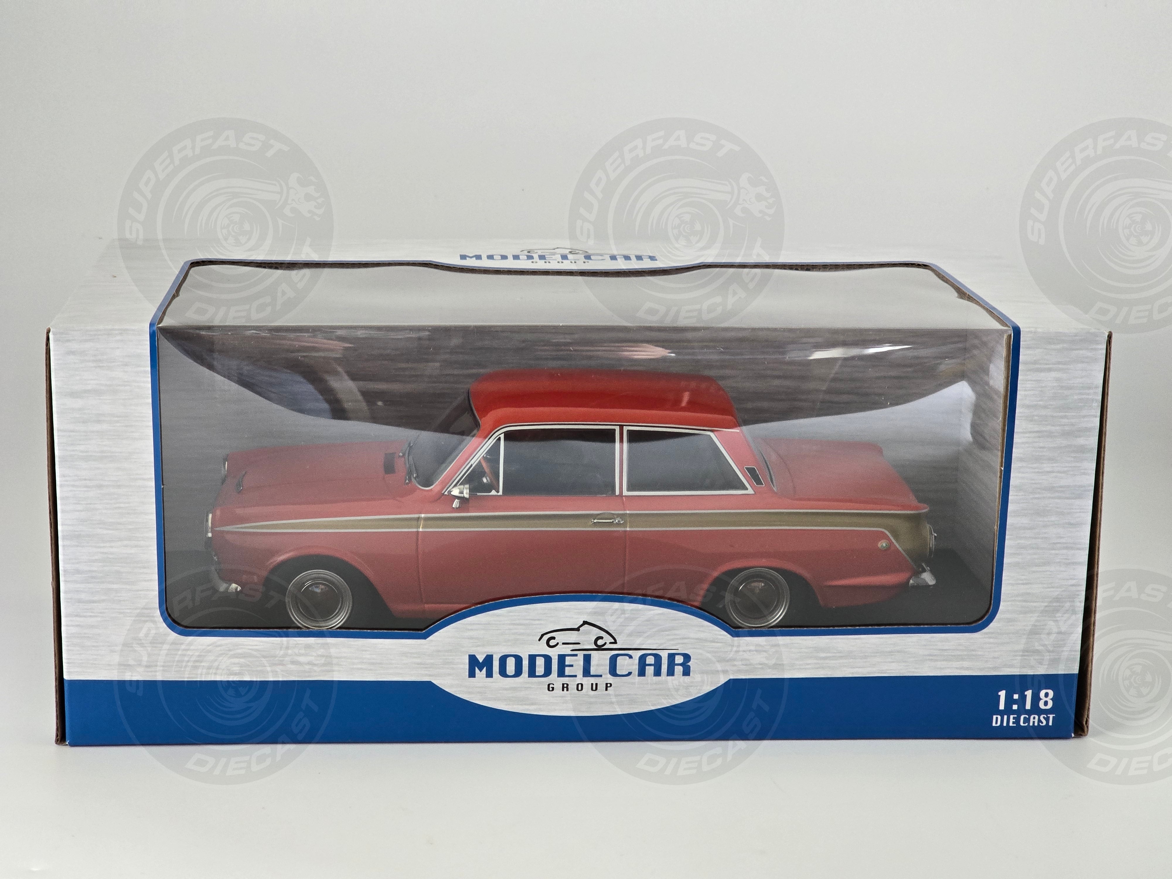 MCG 1:18 Scale Diecast - 1965 Ford Lotus Cortina Mk1 in Red/Gold (LHD) - MCG18532