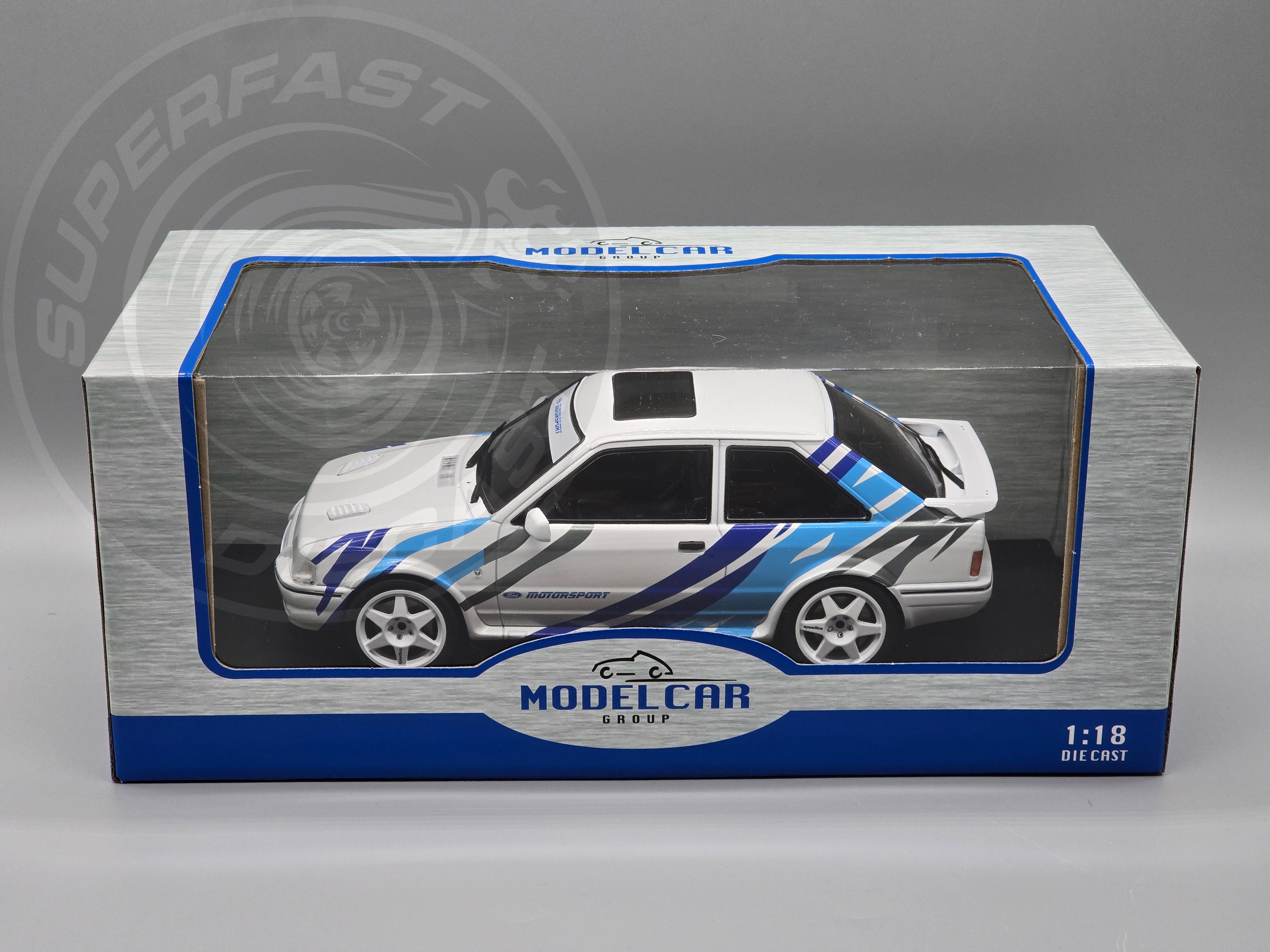 MCG 1:18 1990 Ford Escort Mk4 RS Turbo (Series 2) - White/Blue Tiger Stripes - MCG18547