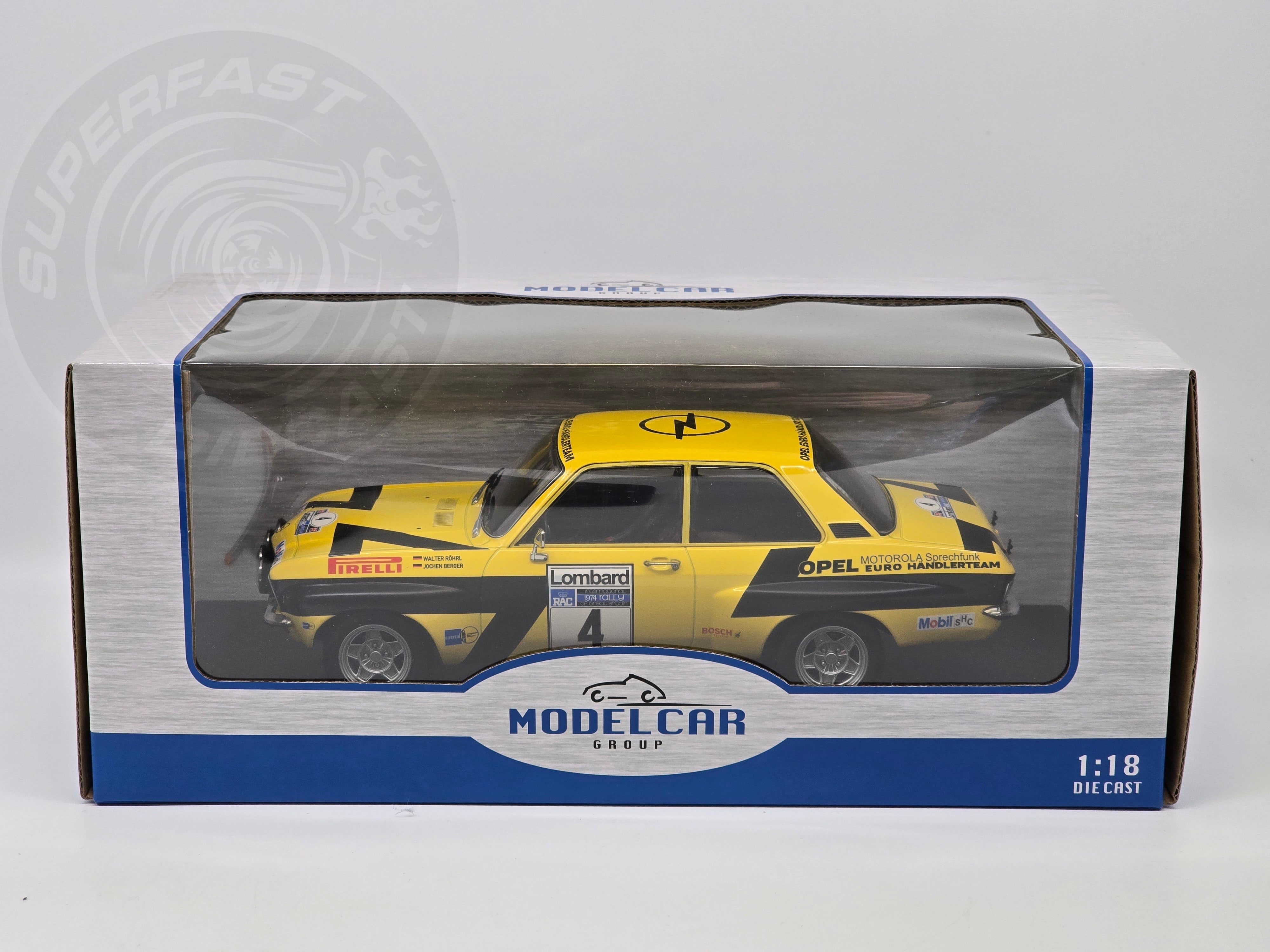 MCG 1:18 Diecast - Opel Ascona A, RAC Rally, 1975, #4, W.Röhrl/C.Geistdörfer, Yellow/Black - MCG18345R