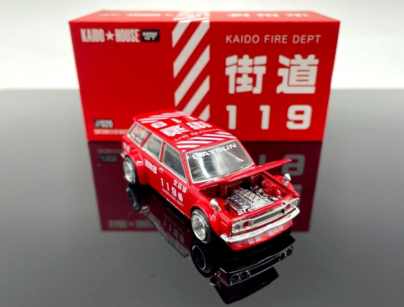 Mini GT 1:64 Scale Kaido House Datsun Kaido 510 Wagon Fire V1, Red - KHMG020