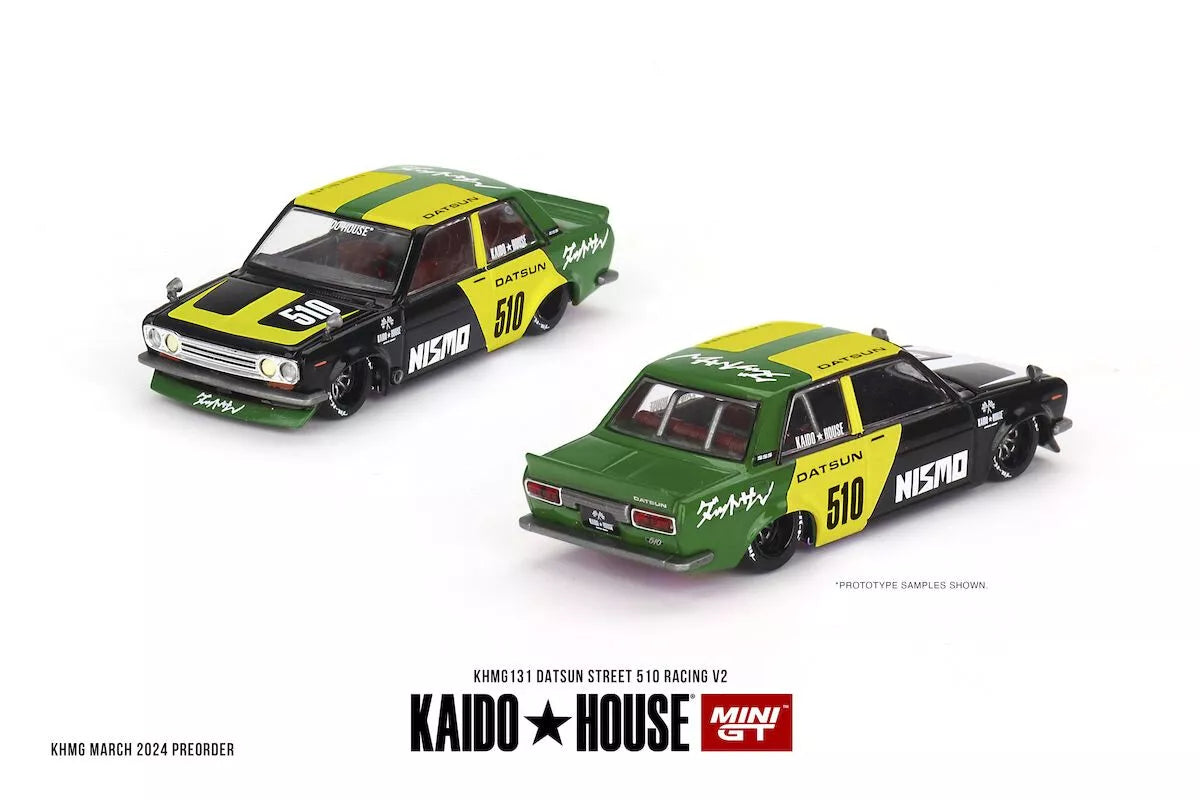 Mini GT 1:64 Scale Kaido House Datsun Street 510 Racing V2 - Black/Yellow/Green - KHMG131