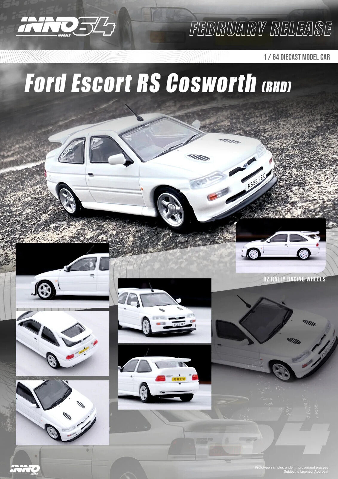 INNO64 1:64 Scale Diecast Model Car - Ford Escort RS Cosworth With OZ Alloys - White - RHD