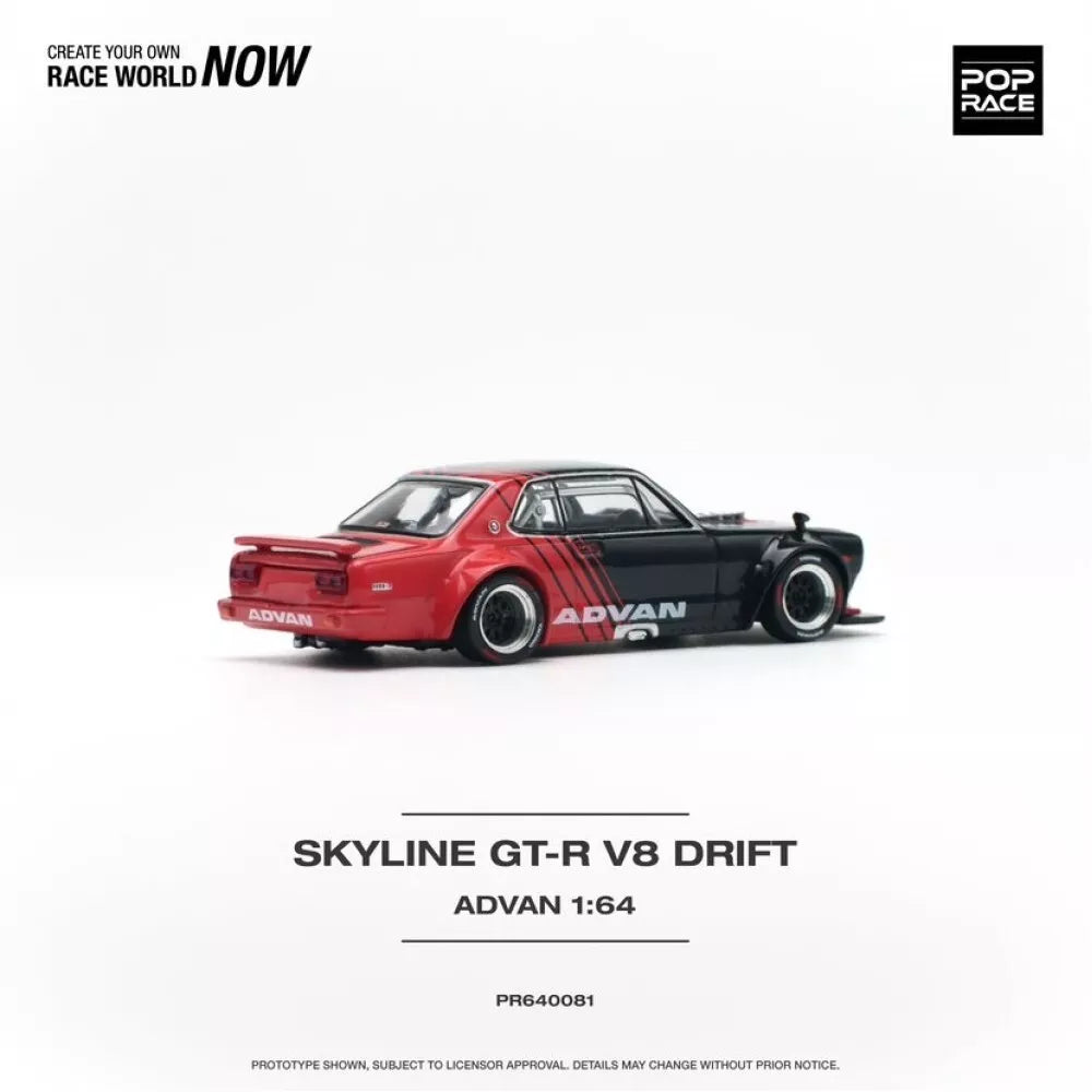 Pop Race 1:64 Diecast - Nissan Skyline GT-R V8 Drift (Hakosuka), ADVAN, Black/Red- PR64-81