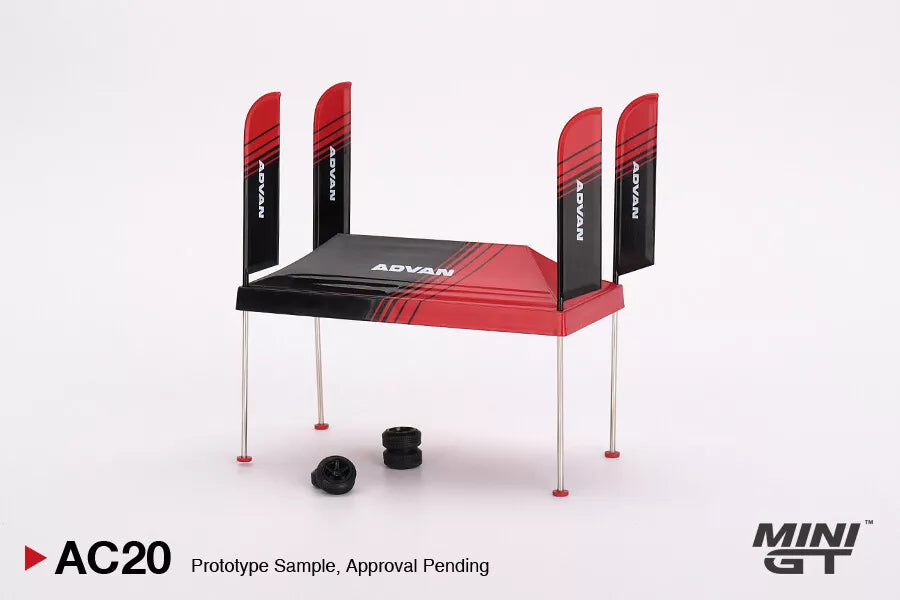 Mini GT 1:64 Paddock Service Tent Set ADVAN with set of rims, Black/Red - MGTAC20