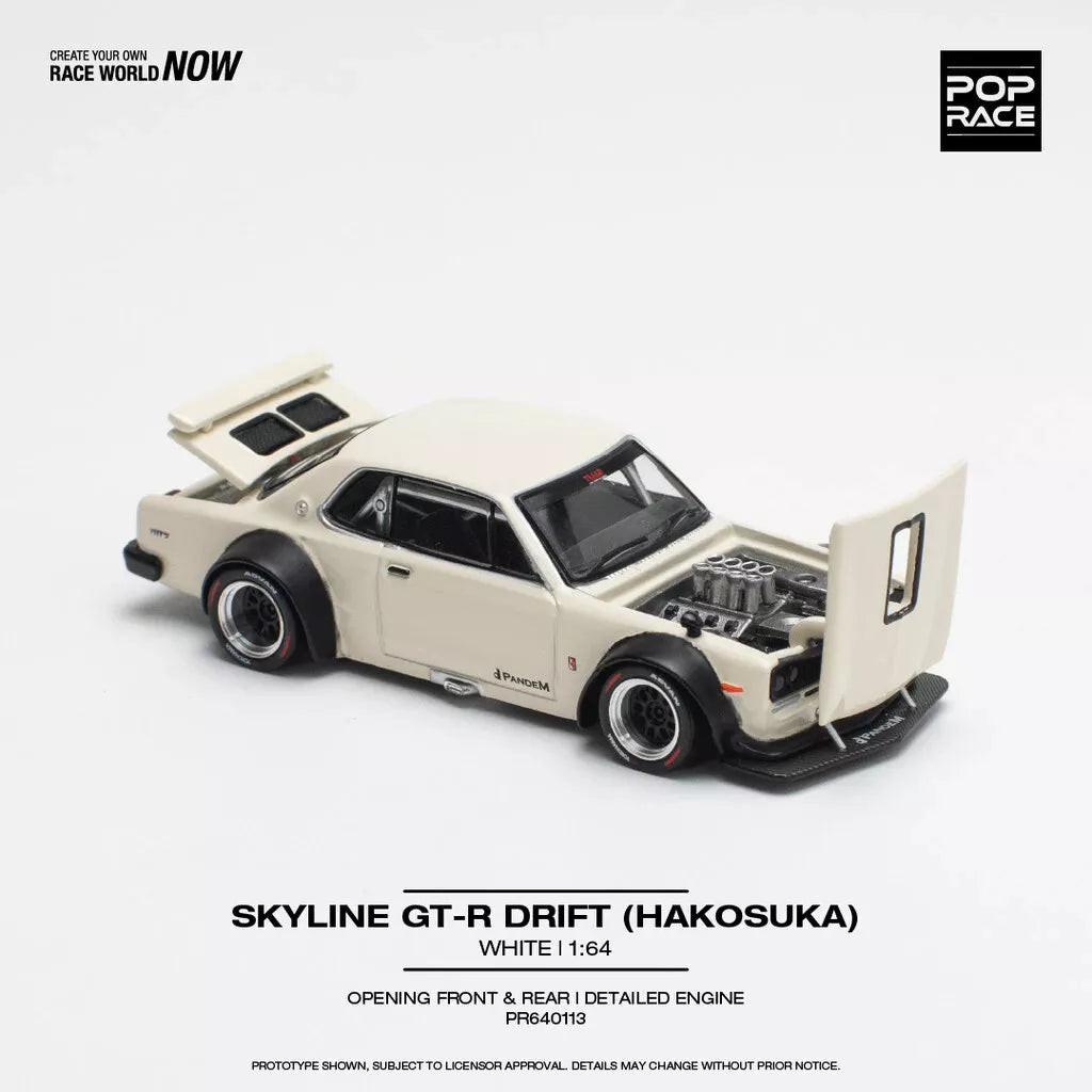 Pop Race 1:64 Diecast Car Nissan Skyline GT-R V8 Drift (Hakosuka), White - PR64-113