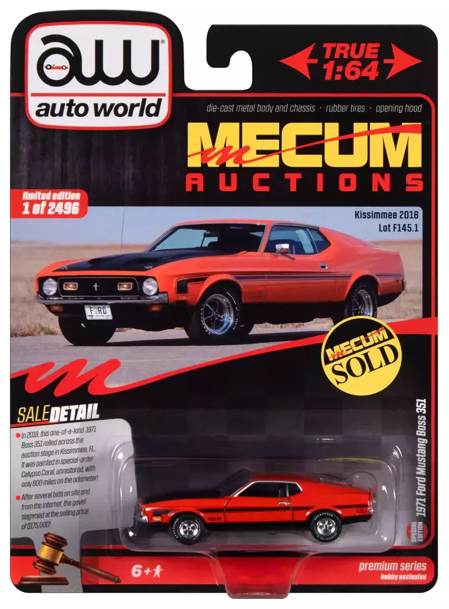 AutoWorld 1:64 Scale Mecum Auctions 1971 Ford Mustang Boss 351 (Calypso Coral) - AWSP159