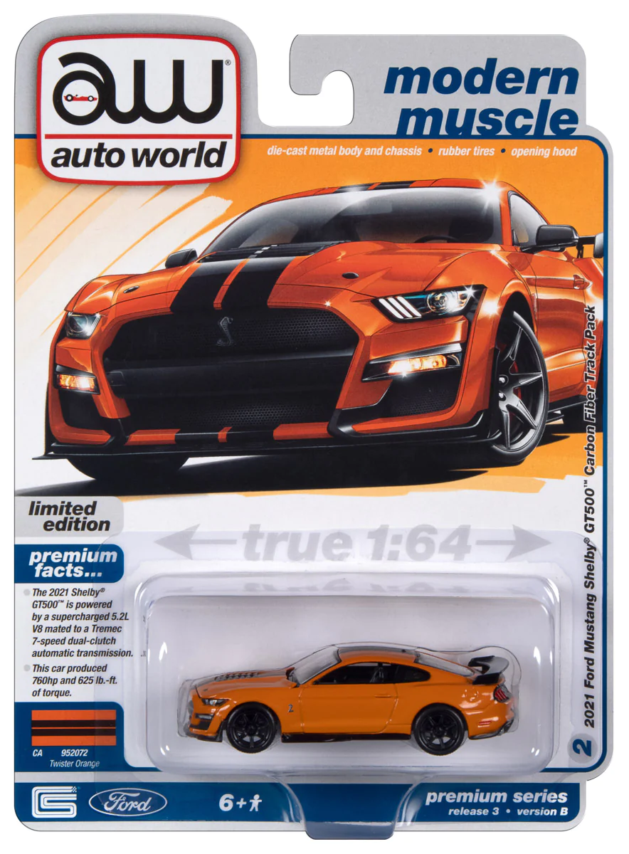 Auto World 1:64 2021 Ford Mustang Shelby GT500 Carbon Fiber Track Pack - Twister Orange