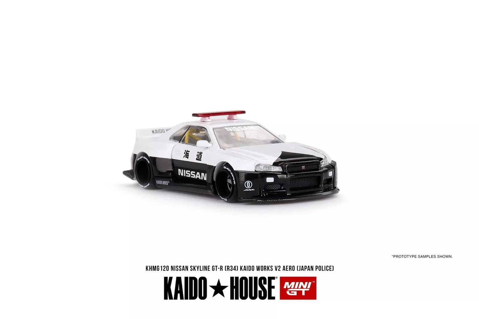 Mini Gt Kaido House 1:64 Nissan Skyline GT-R (R34) Kaido Works V2 Aero (Japan Police) - KHMG120