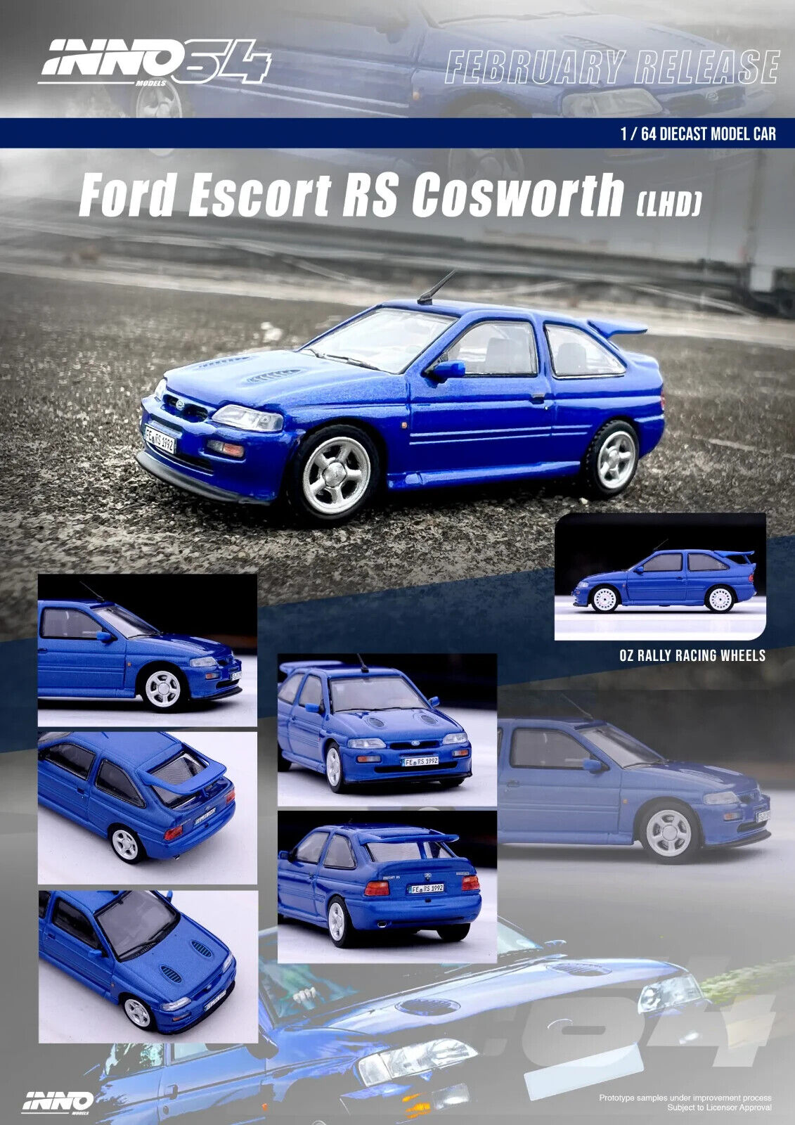 INNO64 1:64 Scale Diecast Model Car - Ford Escort RS Cosworth With OZ Alloys - Blue - LHD
