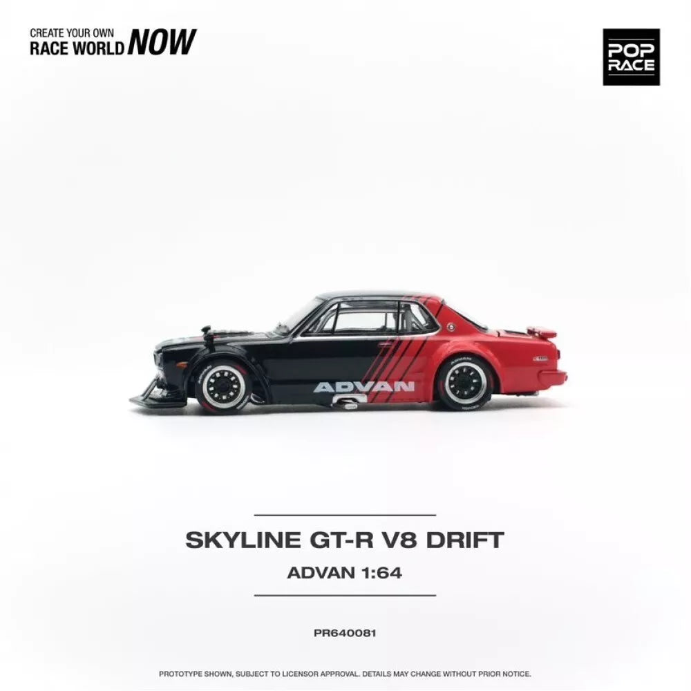 Pop Race 1:64 Diecast - Nissan Skyline GT-R V8 Drift (Hakosuka), ADVAN, Black/Red- PR64-81