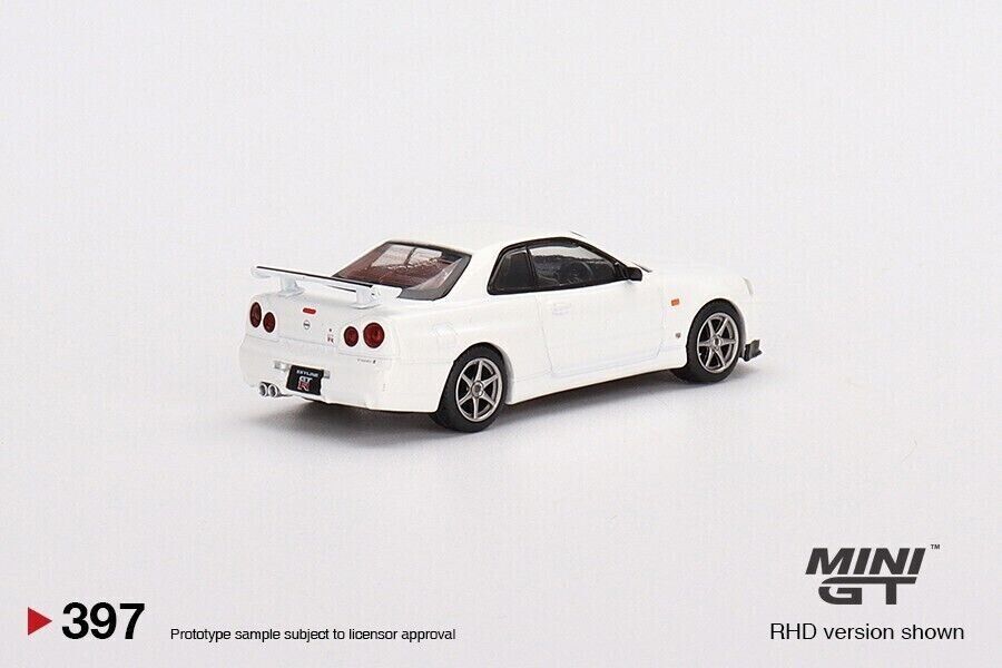 Mini GT 1:64 Die-cast Car #397 Nissan Skyline GT-R (R34) V-Spec N1 White RHD