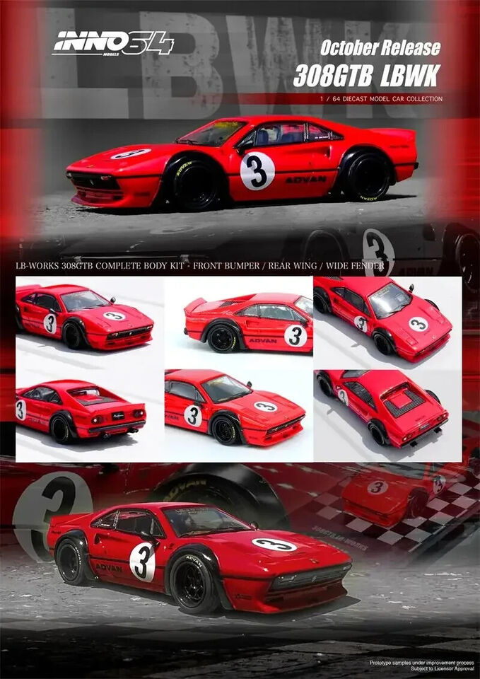 INNO64 1:64 Scale Diecast Ferrari 308 GLB #3 LBWK - Liberty Walk, Red