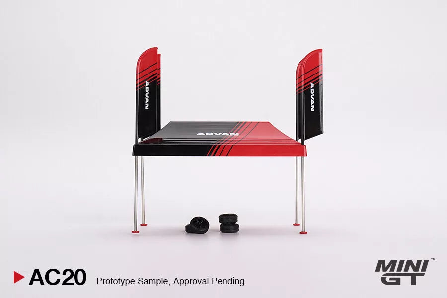 Mini GT 1:64 Paddock Service Tent Set ADVAN with set of rims, Black/Red - MGTAC20