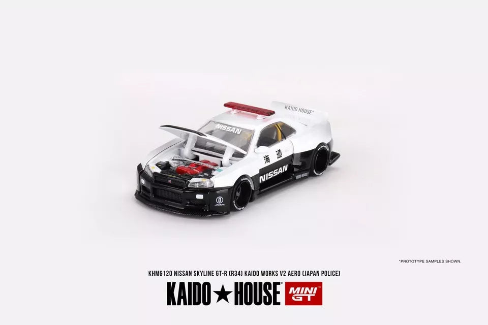 Mini Gt Kaido House 1:64 Nissan Skyline GT-R (R34) Kaido Works V2 Aero (Japan Police) - KHMG120