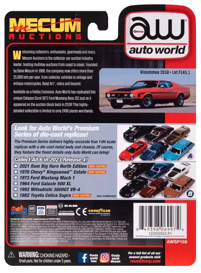 AutoWorld 1:64 Scale Mecum Auctions 1971 Ford Mustang Boss 351 (Calypso Coral) - AWSP159