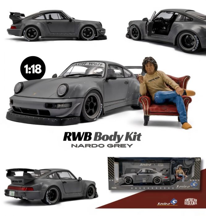 Solido 1:18 Diecast - 2024 Porsche 911 (964) RWB Body Kit with Nakai Figure, Nardo Grey - S1807517