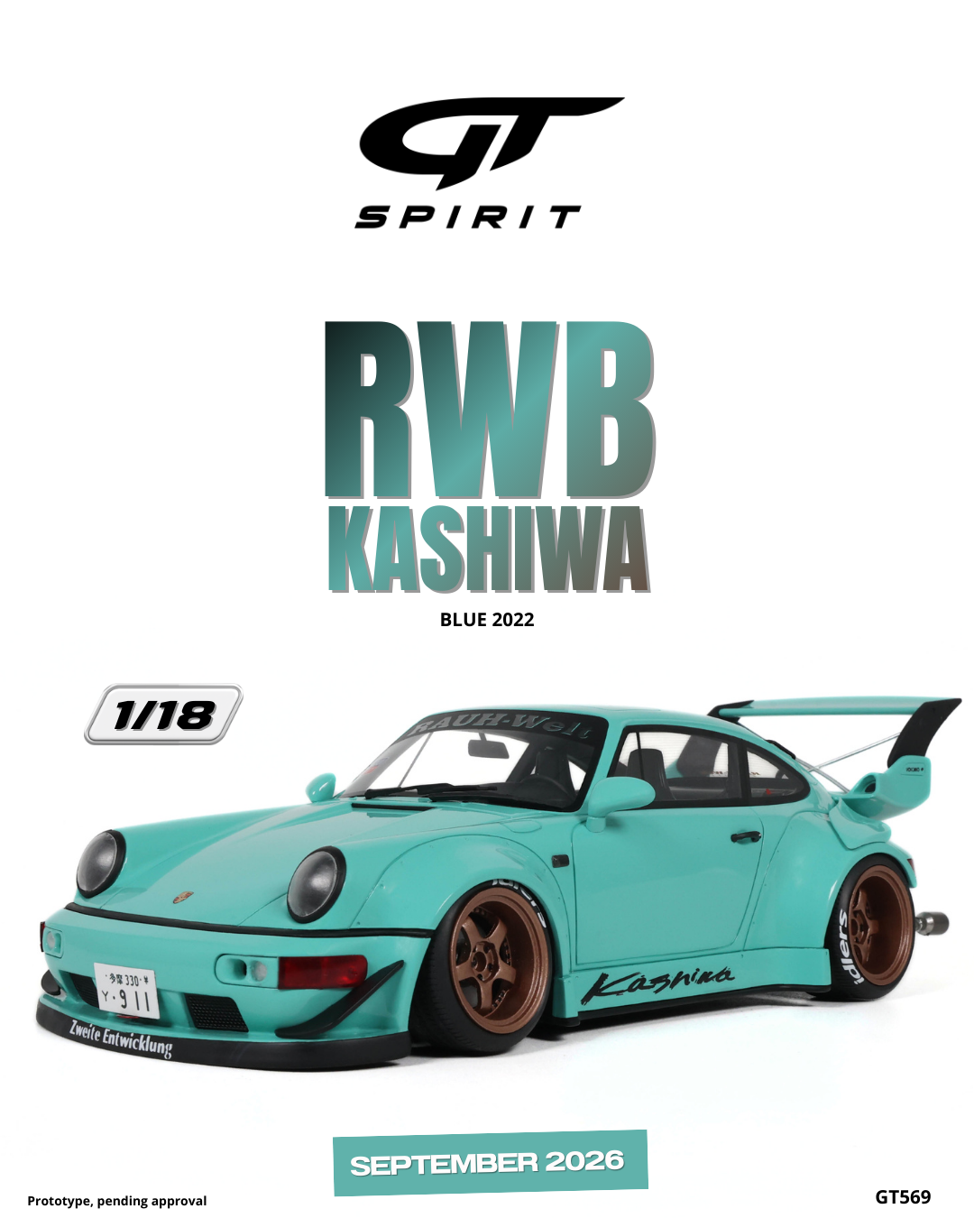 GT Spirit 1:18 Scale Resin, 2022 Porsche 911 RWB, KASHIWA BLUE - GT569