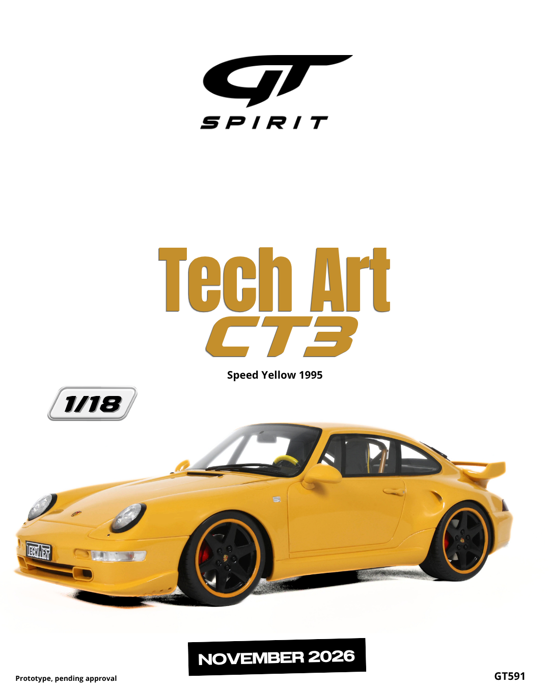 GT Spirit 1:18 Scale Resin, 1995 Porsche 911 (993) TECHART CT3, SPEED YELLOW - GT591