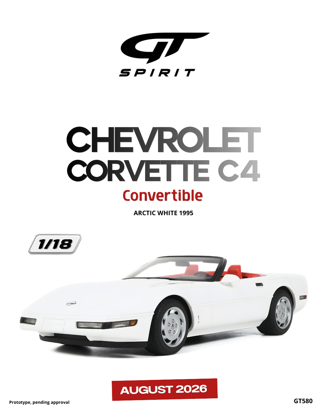 GT Spirit 1:18 Scale Resin, 1995 CHEVROLET CORVETTE C4 CONVERTIBLE, ARCTIC WHITE - GT580