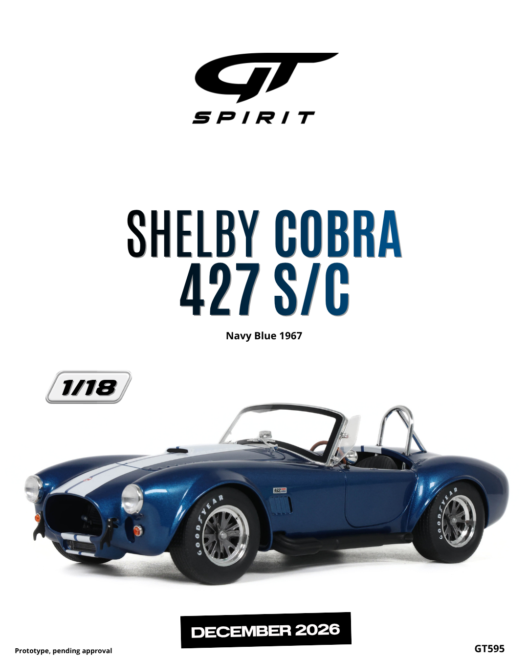 GT Spirit 1:18 Scale Resin, 1967 SHELBY COBRA 427 S/C, NAVY BLUE - GT595