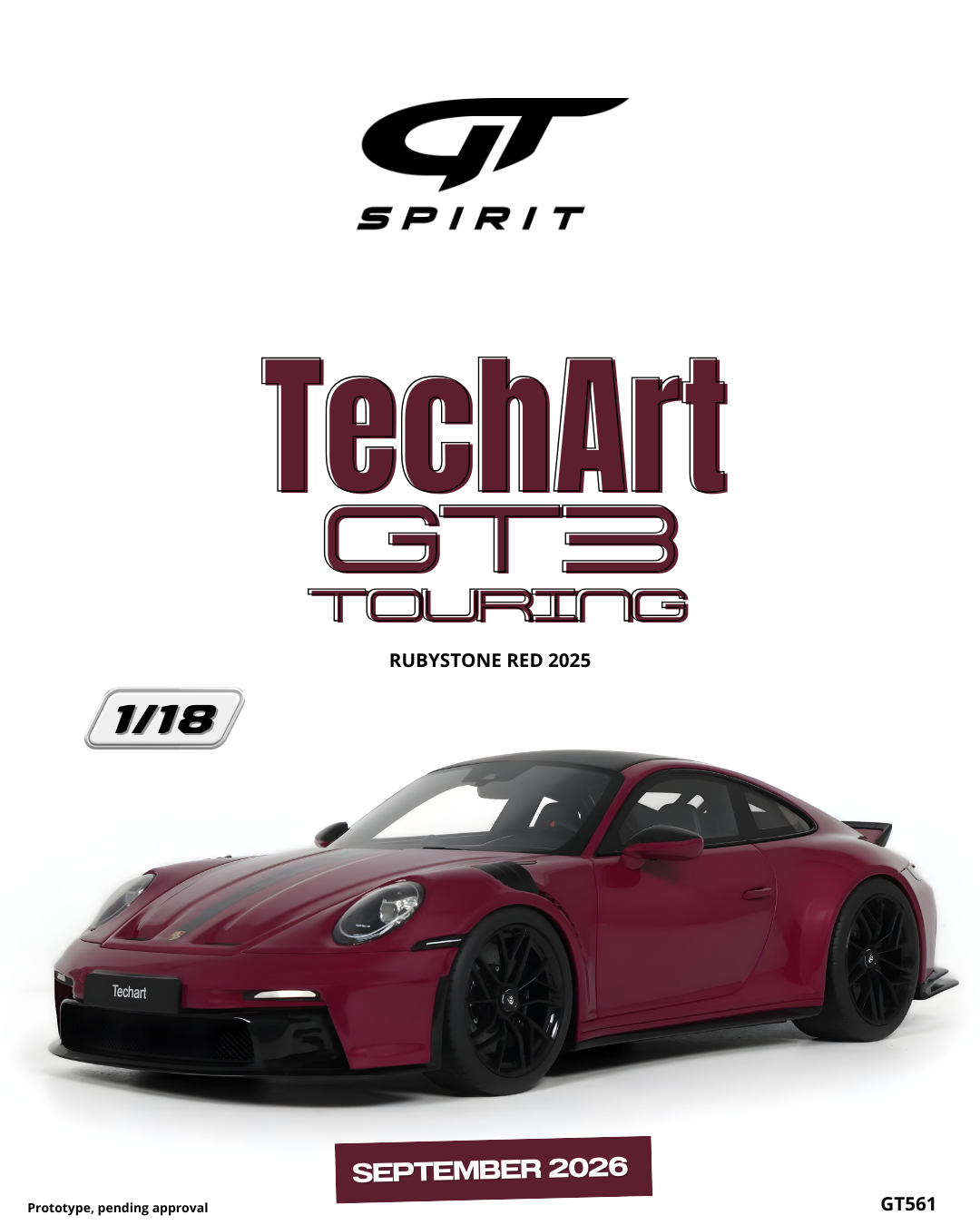 GT Spirit 1:18 Scale Resin, Porsche 911 TECHART GT3 TOURING, RUBYSTONE RED - GT561