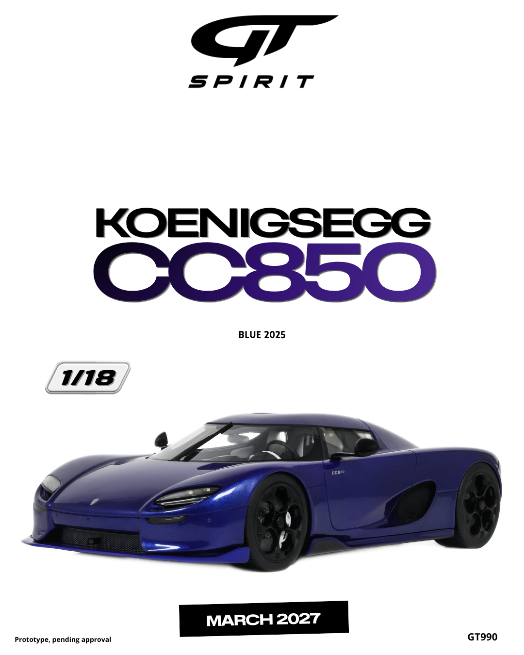GT Spirit 1:18 Scale Resin, 2025 KOENIGSEGG CC850, BLUE - GT990