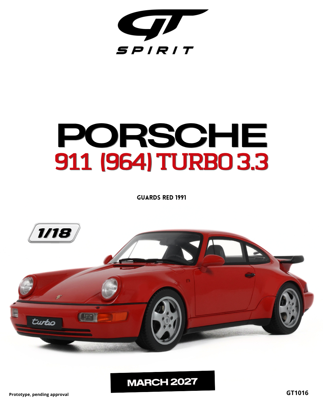 GT Spirit 1:18 Scale Resin, 1991 PORSCHE 911 (964) TURBO 3.3, GUARDS RED - GT1016
