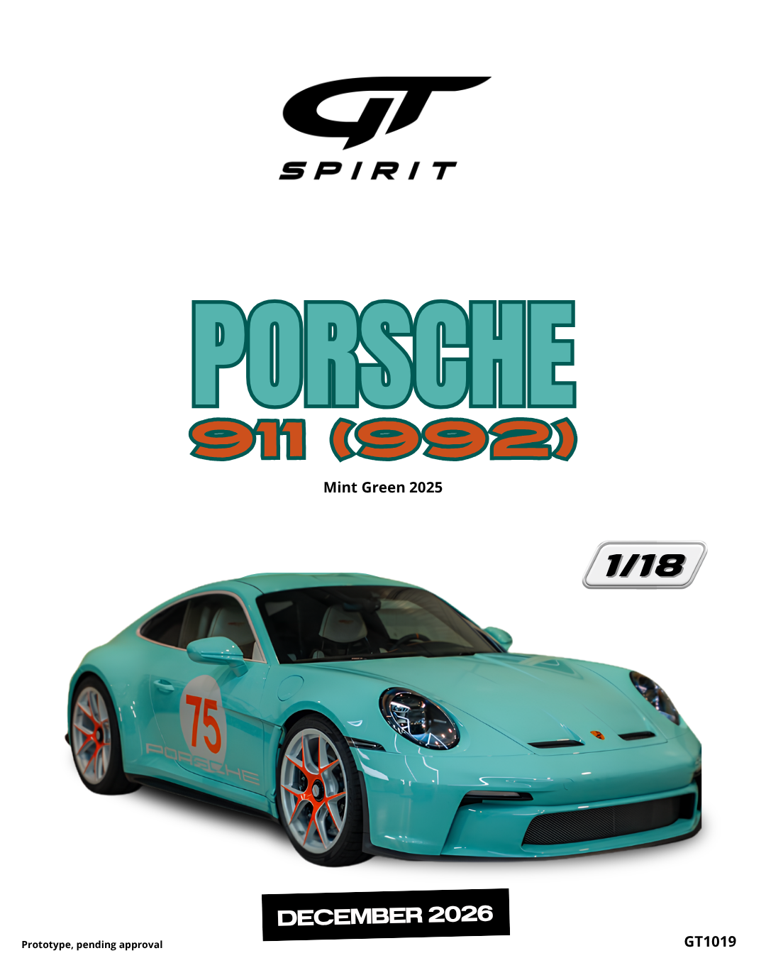 GT Spirit 1:18 Scale Resin, 2025 PORSCHE 911 (992), MINT GREEN - GT1019