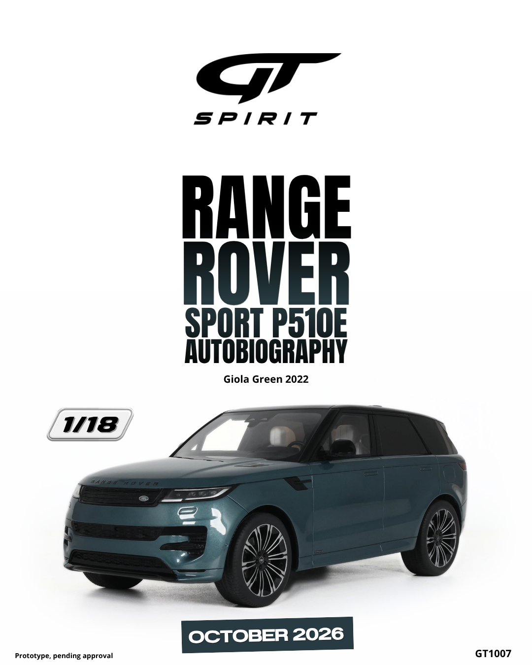 GT Spirit 1:18 Scale Resin, 2022 RANGE ROVER SPORT P510E AUTOBIOGRAPHY, GIOLA GREEN - GT1007