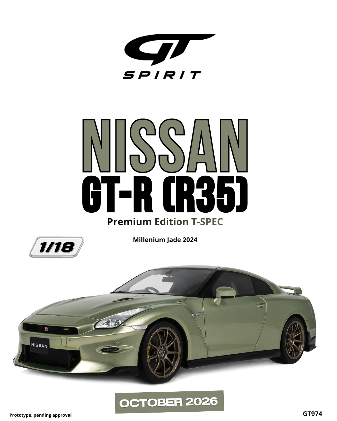 GT Spirit 1:18 Scale Resin,2024 NISSAN GT-R (R35) PREMIUM EDITION T-SPEC, MILLENNIUM JADE - GT974