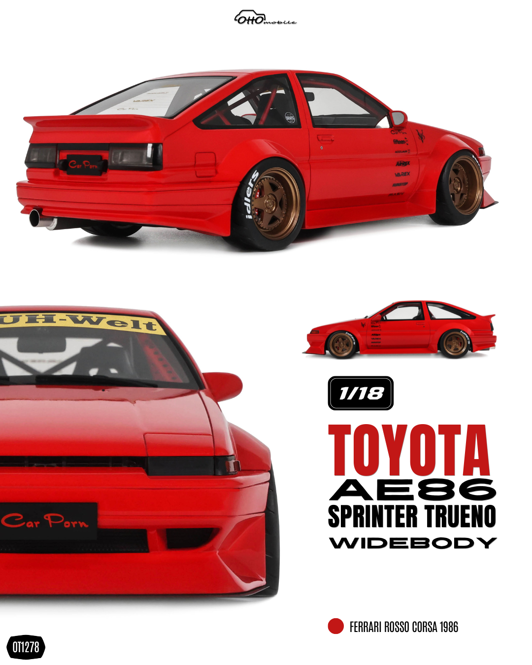 OTTO 1:18 Scale Resin - 1986 TOYOTA AE86 SPRINTER TRUENO WIDEBODY - FERRARI ROSSO CORSA - OT1278