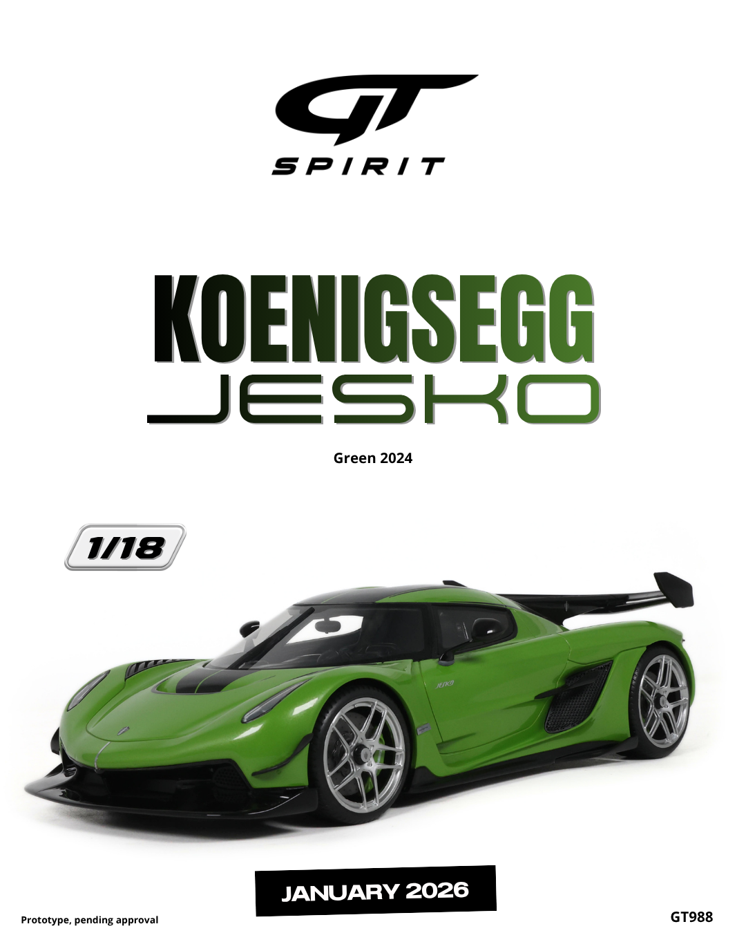 GT Spirit 1:18 Scale Resin, 2024 KOENIGSEGG JESKO, GREEN - GT988